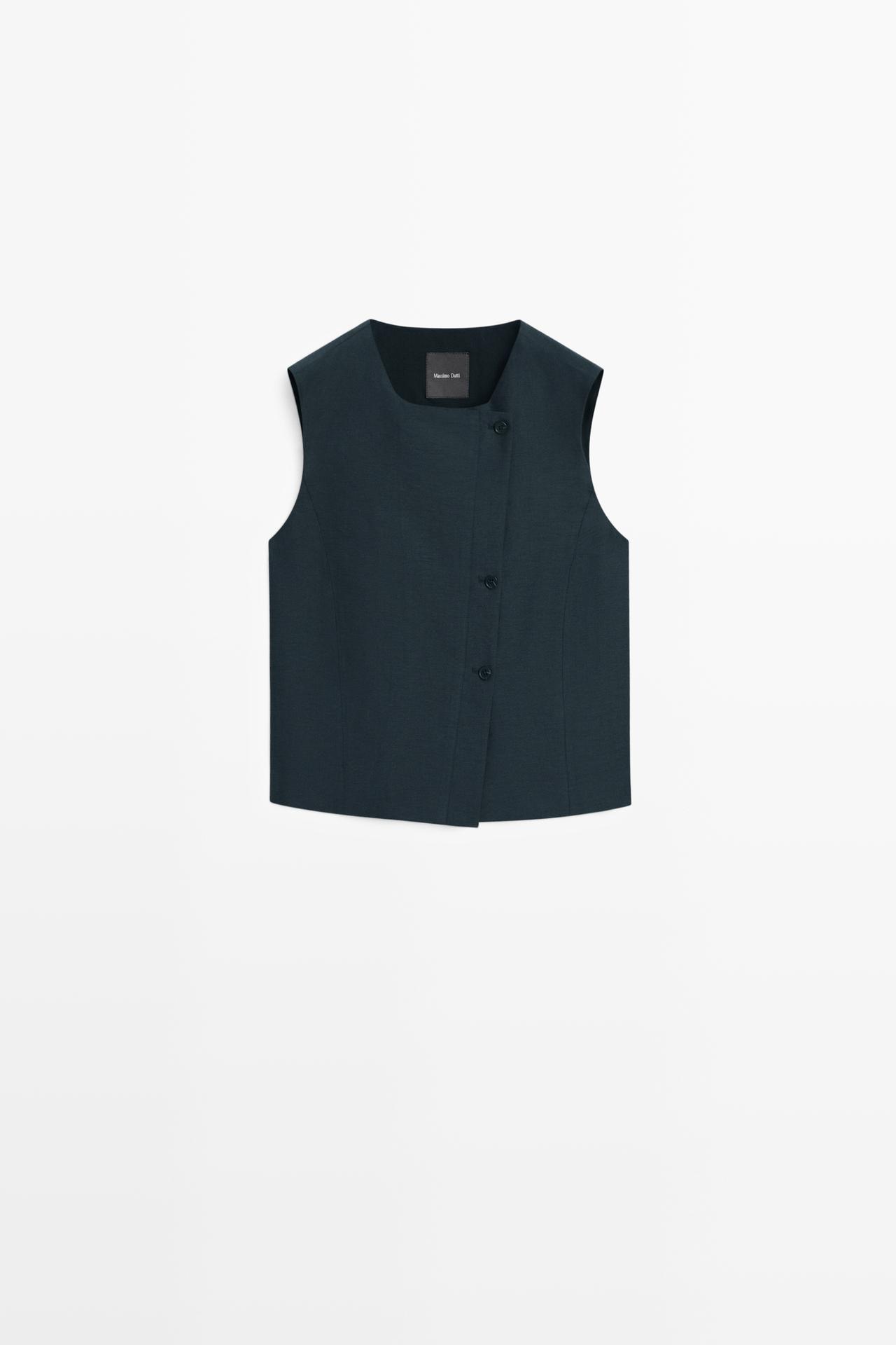 Linen asymmetric buttoned vest — NAVY BLUE