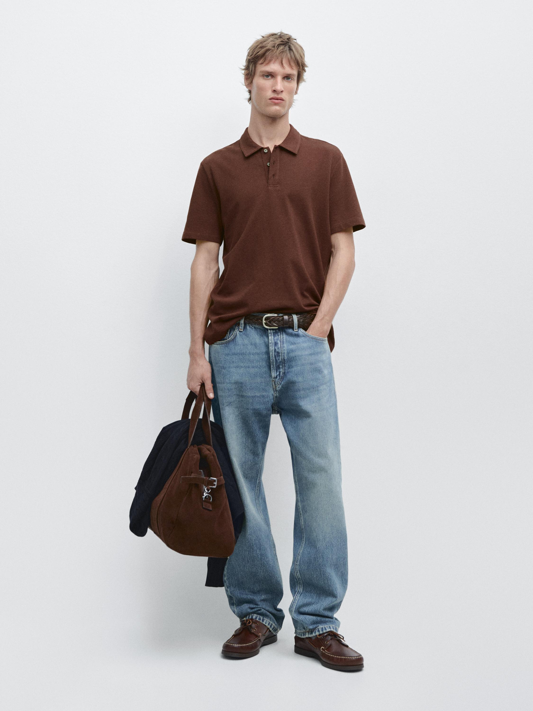 Micro-textured cotton blend polo shirt