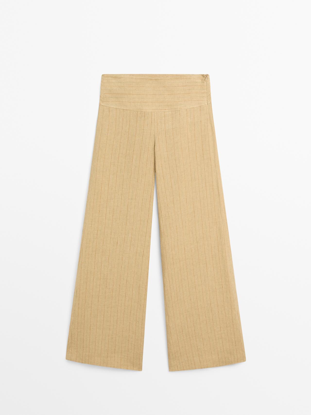 Massimo Dutti - Dames - Linnen Broek Met Klokkende Pijpen En Streepdetail - Zand - 36