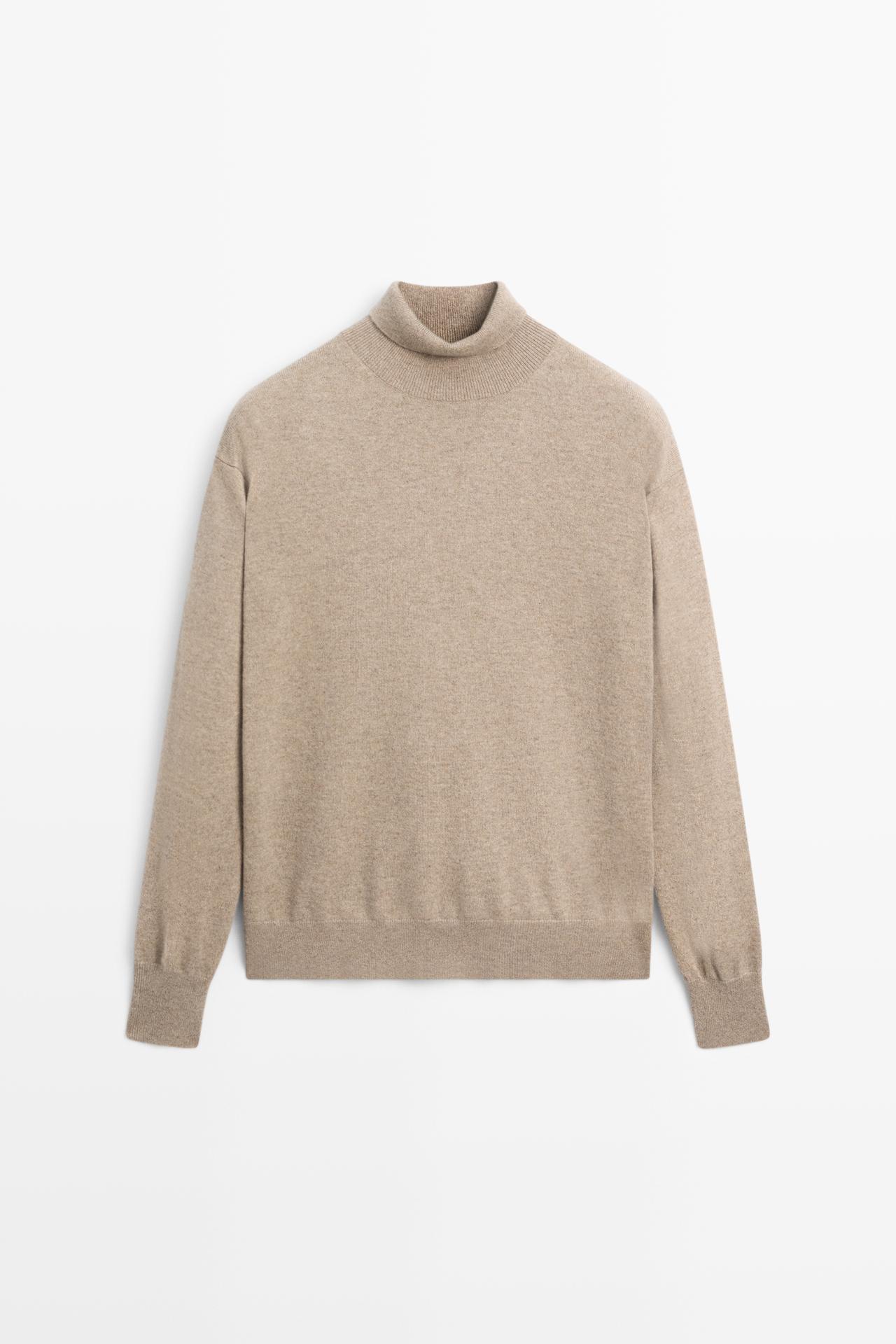 100% cashmere high neck knit sweater — BEIGE