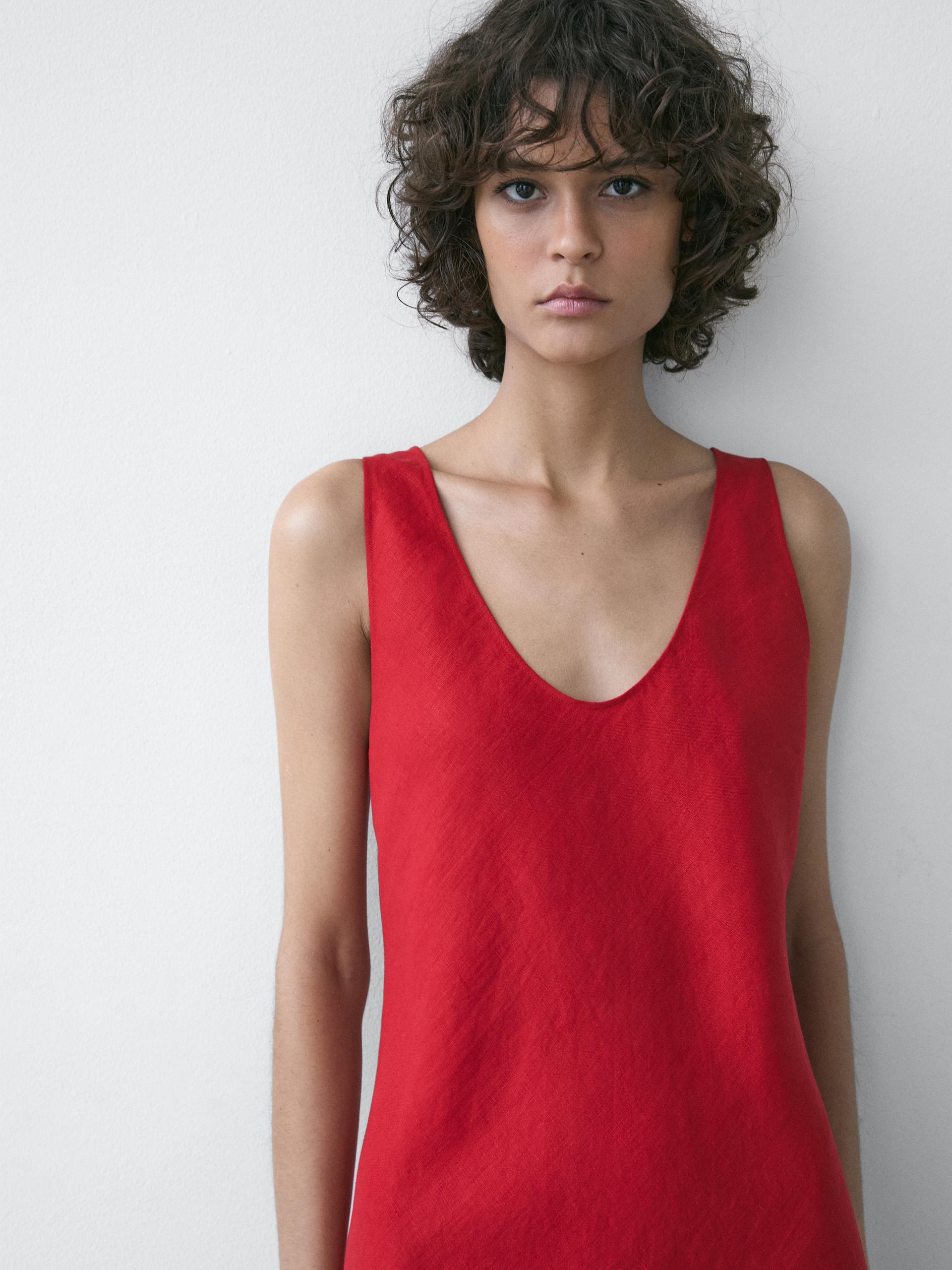 Massimo Dutti Strappy Linen Midi Dress In Red