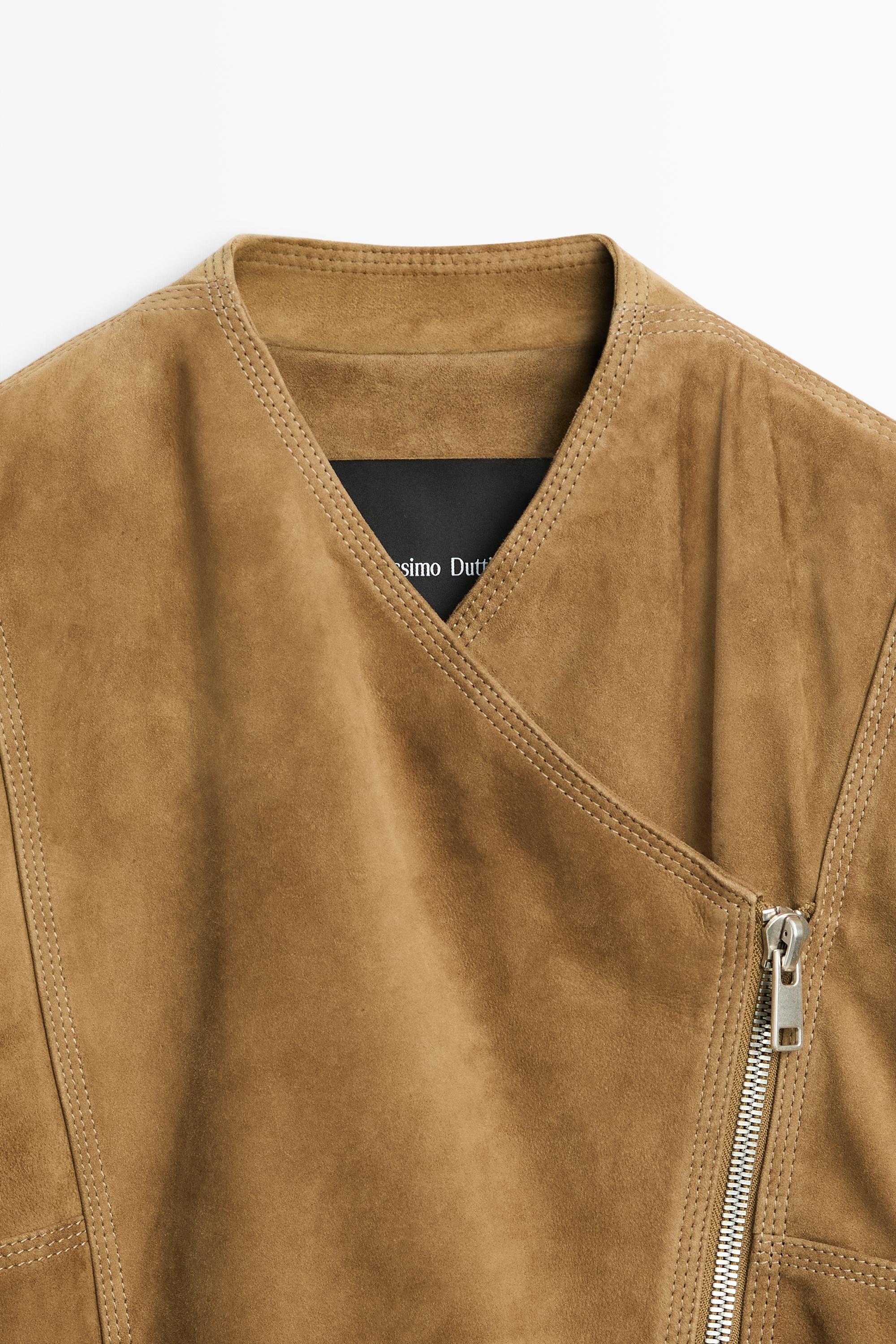 Asymmetrical suede leather zip-up jacket — Washed