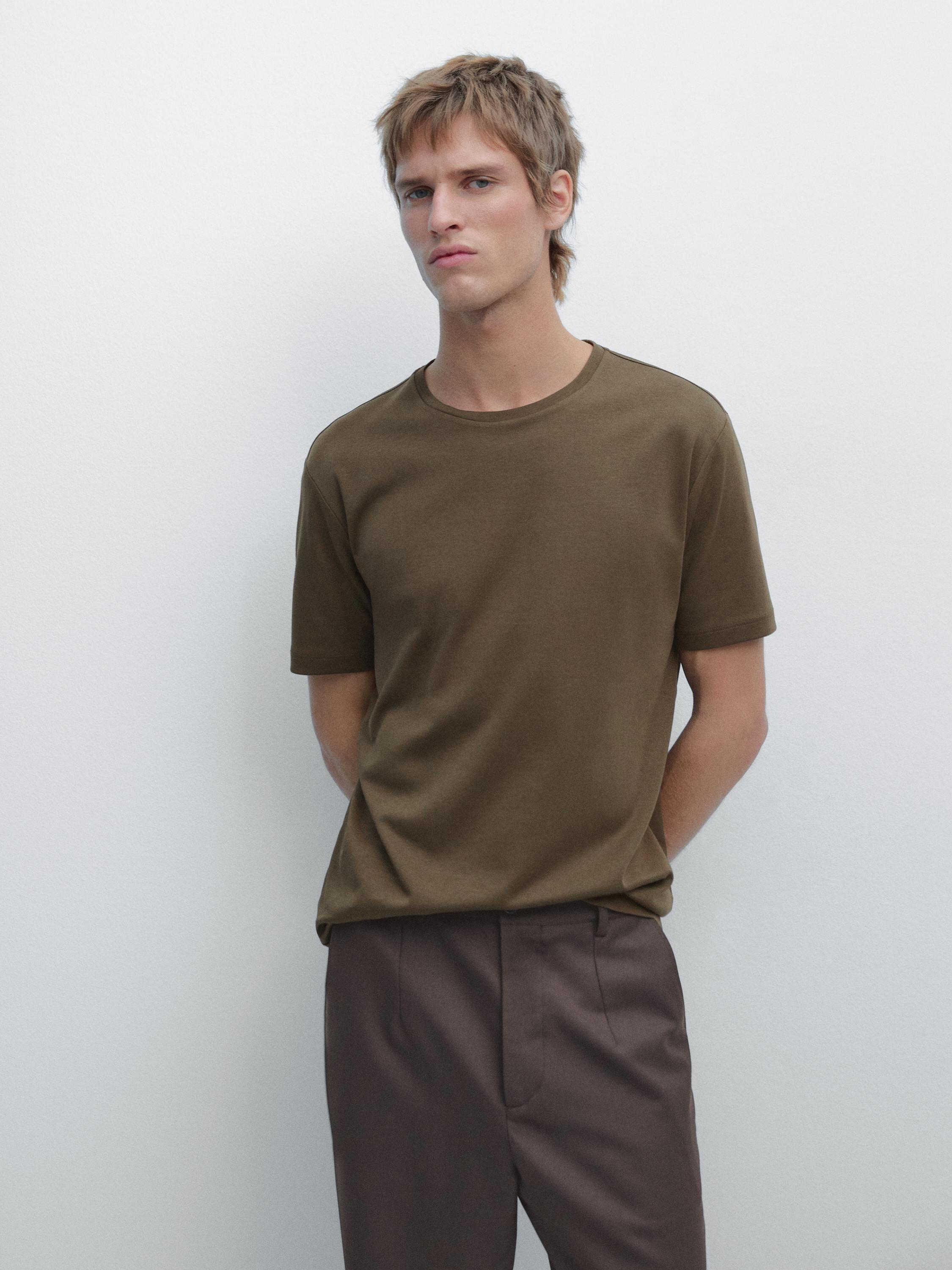 Short sleeve cotton blend T-shirt — MEDIUM KHAKI