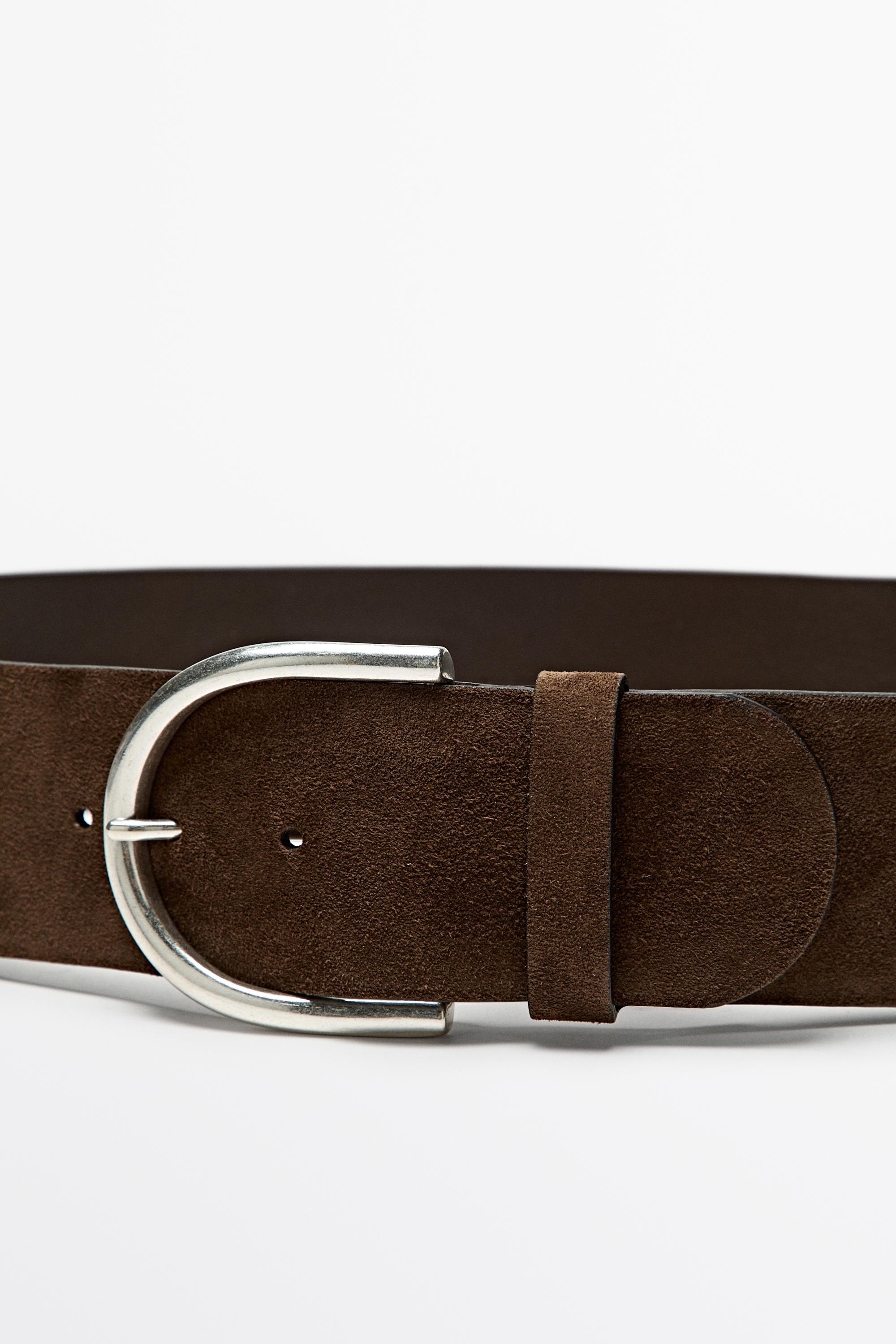 Split suede leather belt with metallic buckle — KHAKI