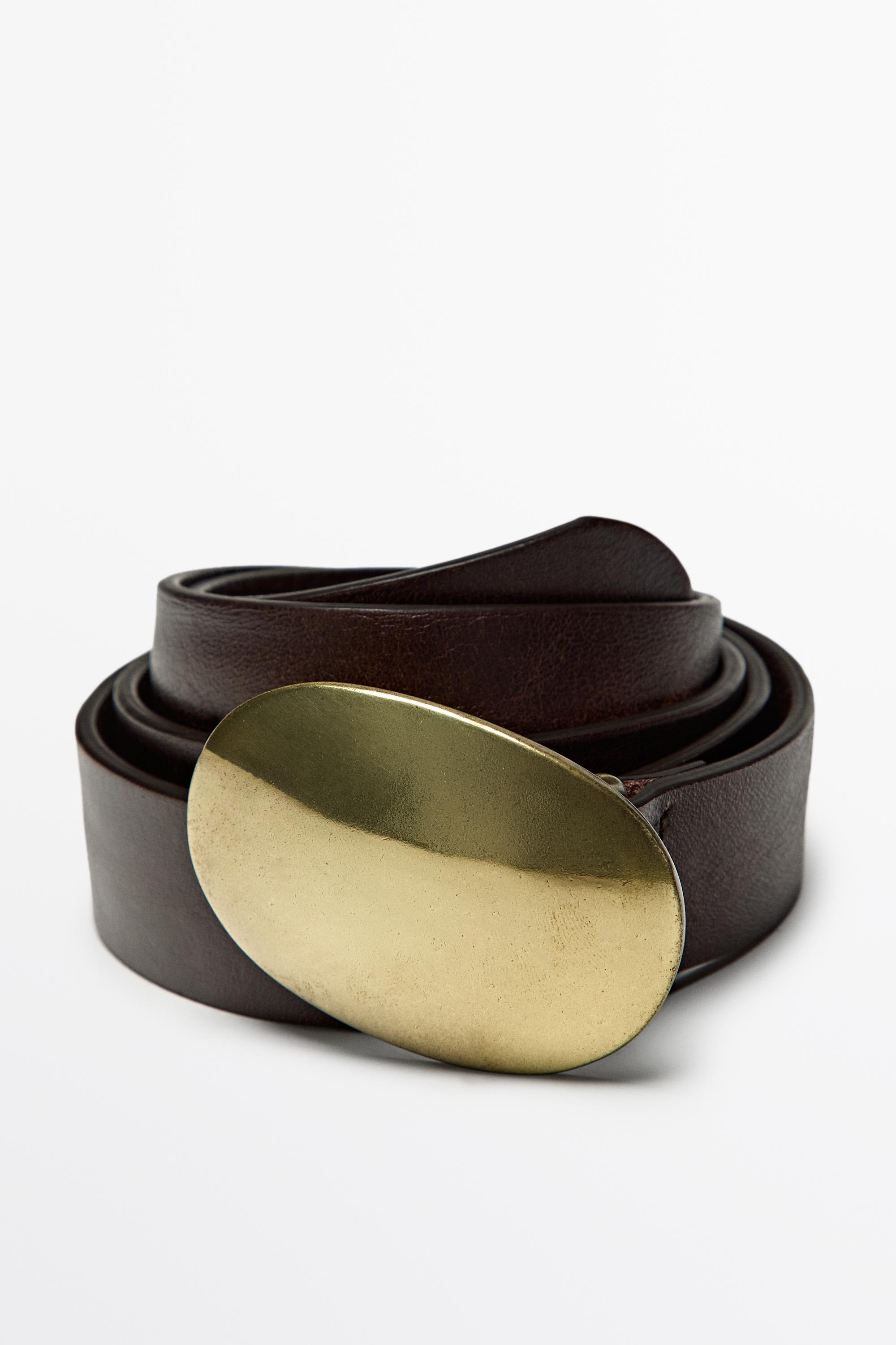 Nappa leather belt with metal plate buckle — BROWN