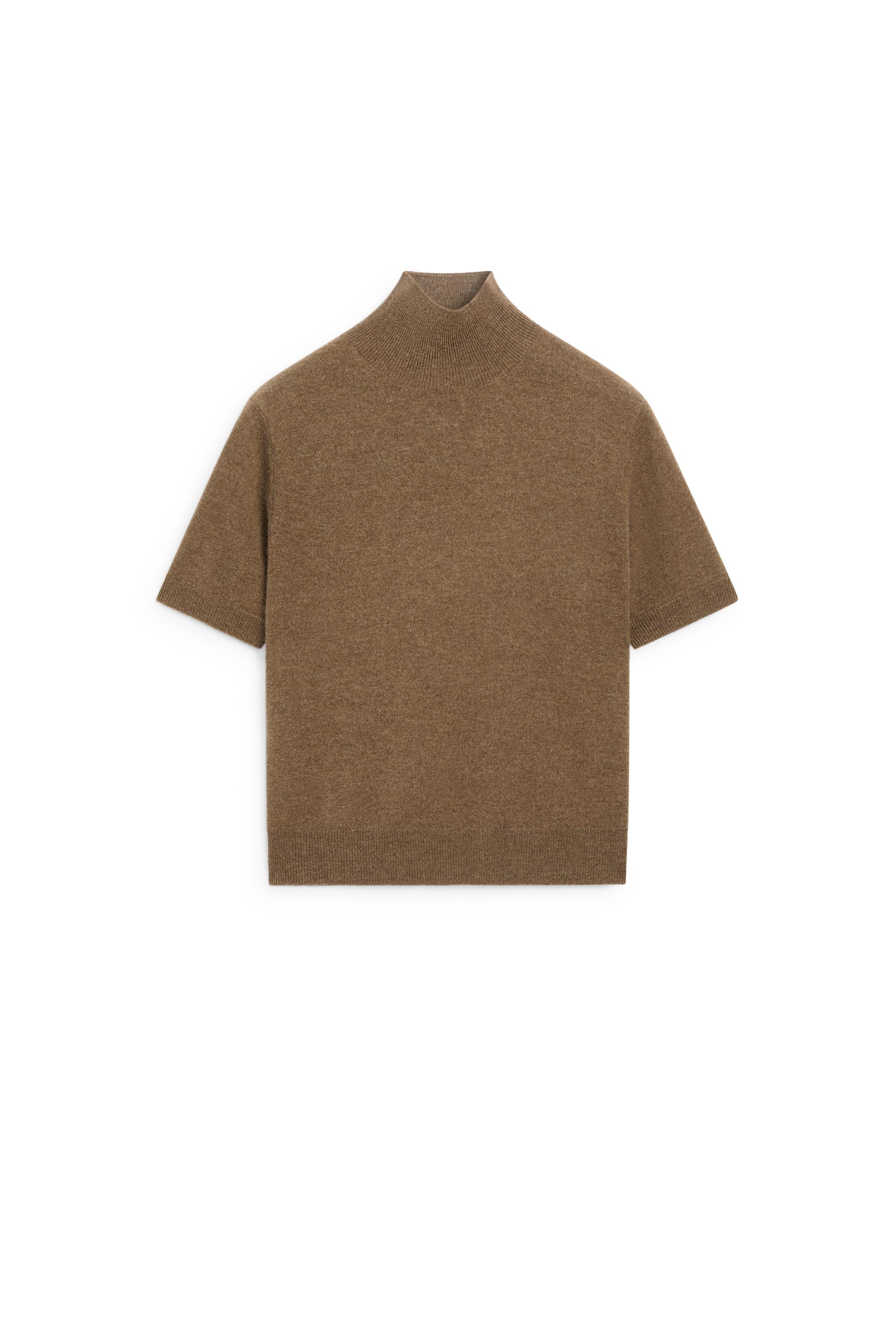 Wool-cashmere blend short sleeve knit sweater — BROWN MARL