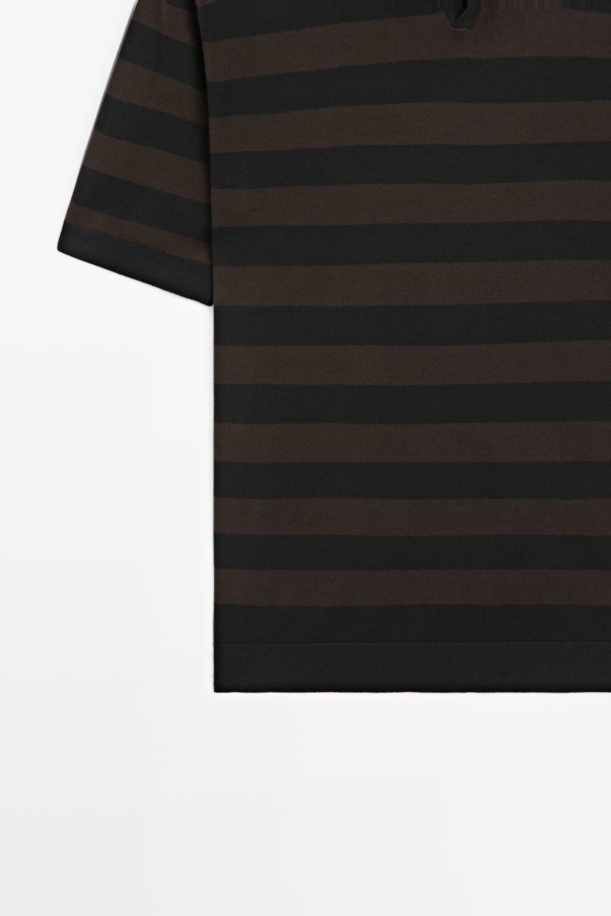 100% cotton striped knit polo shirt — BROWN MARL