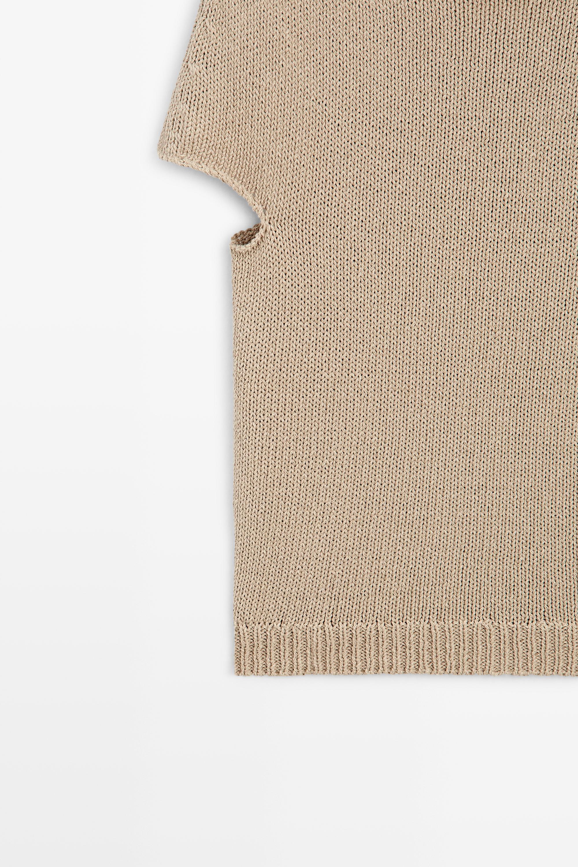 Cotton blend short sleeve rolled-neck sweater — BEIGE