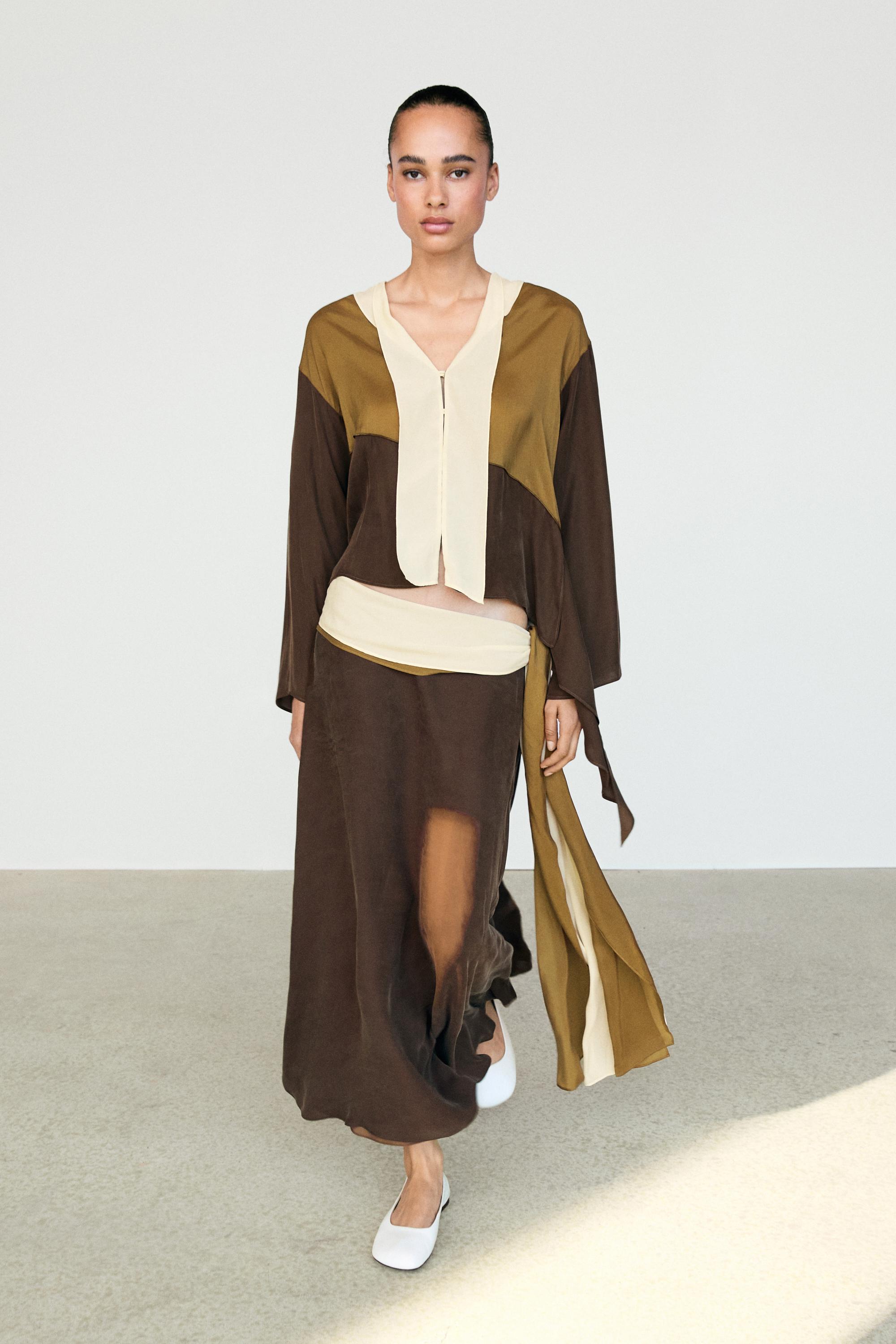 Contrast Ruffle Midi Skirt — BROWN