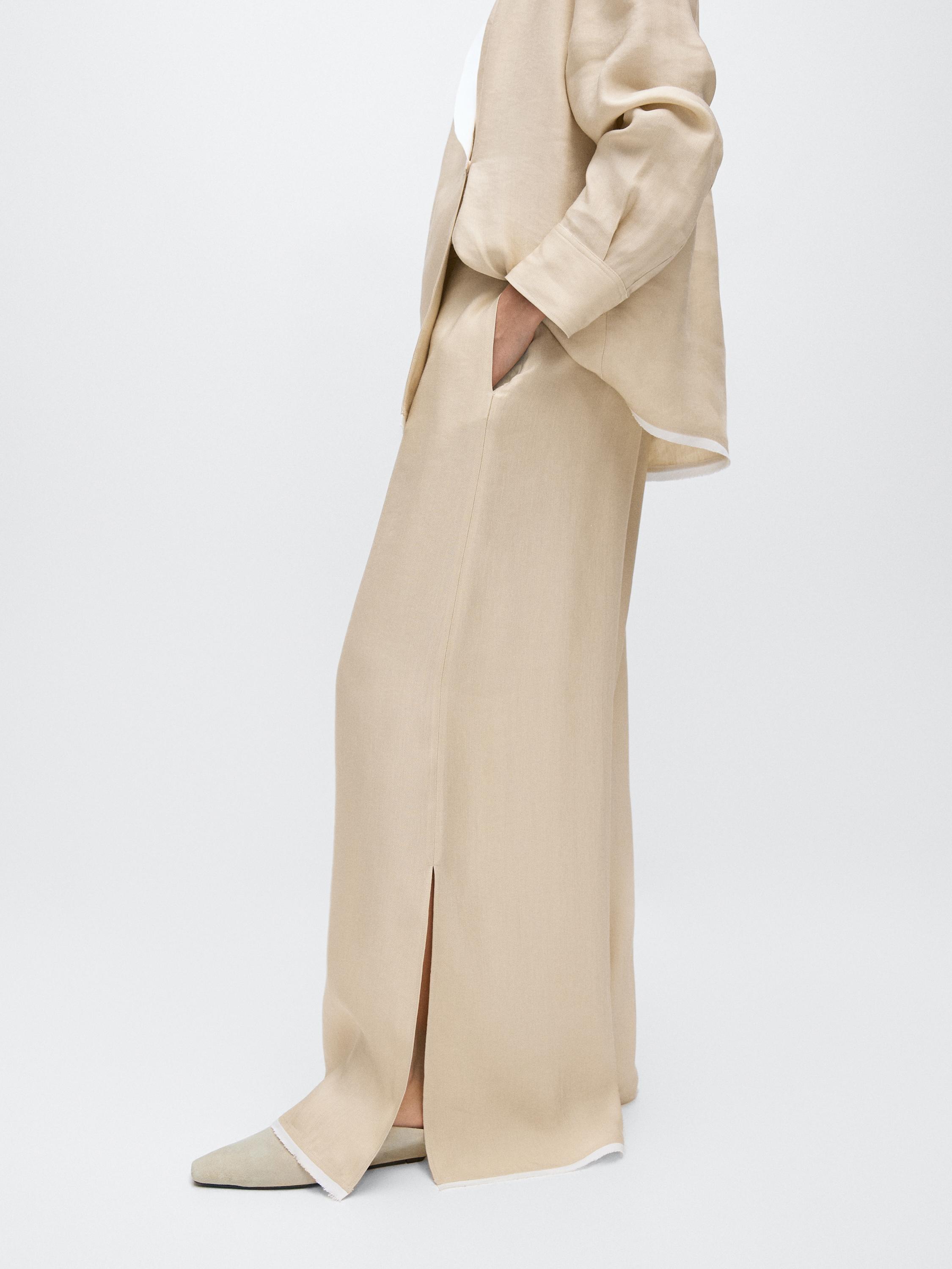 Contrast linen blend straight-leg trousers — BEIGE