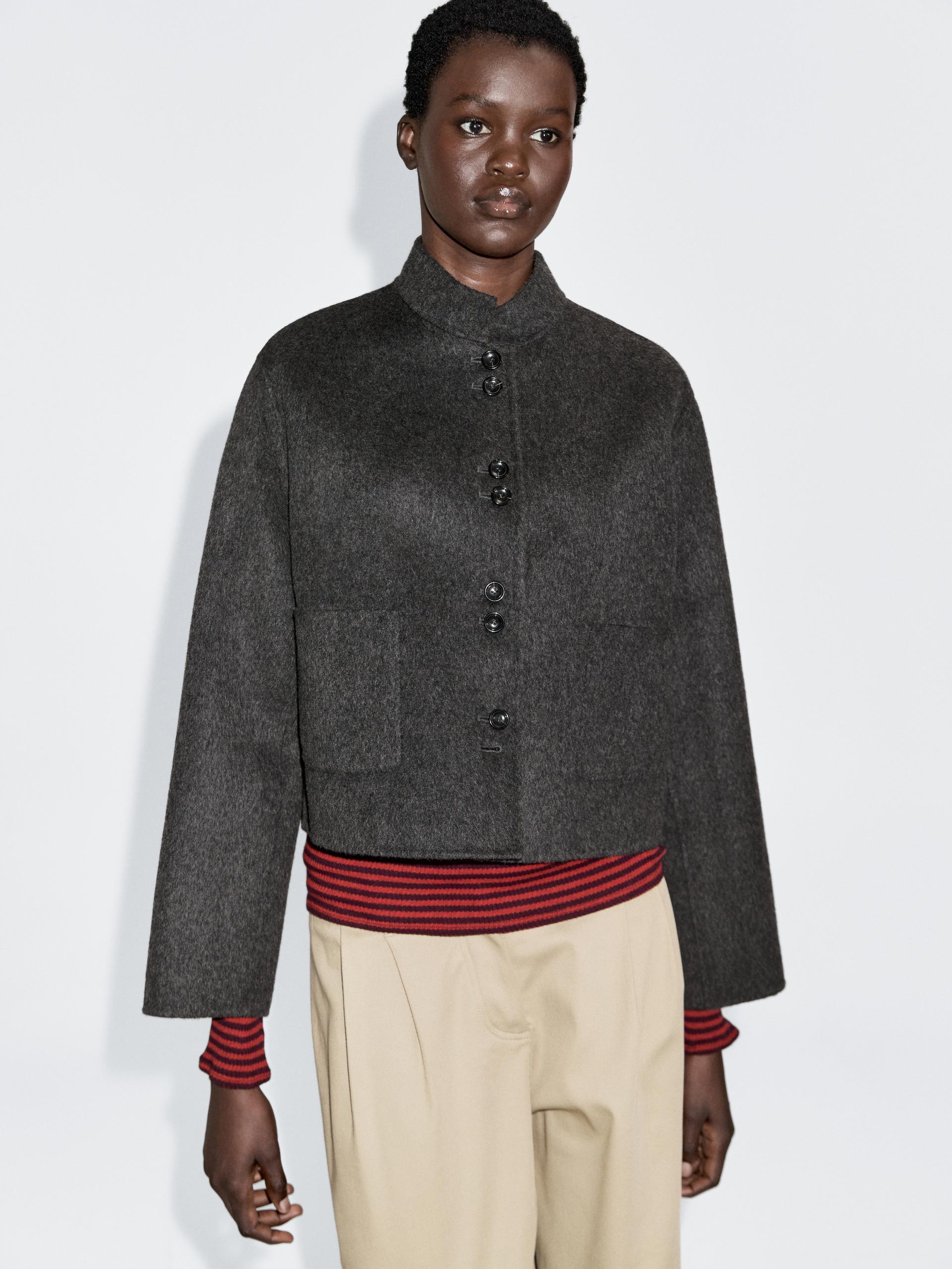 Krótka Dwurzędowa Kurtka Z Mieszanki Wełny - Ciemnoszary - Xs - Massimo Dutti - Kobieta