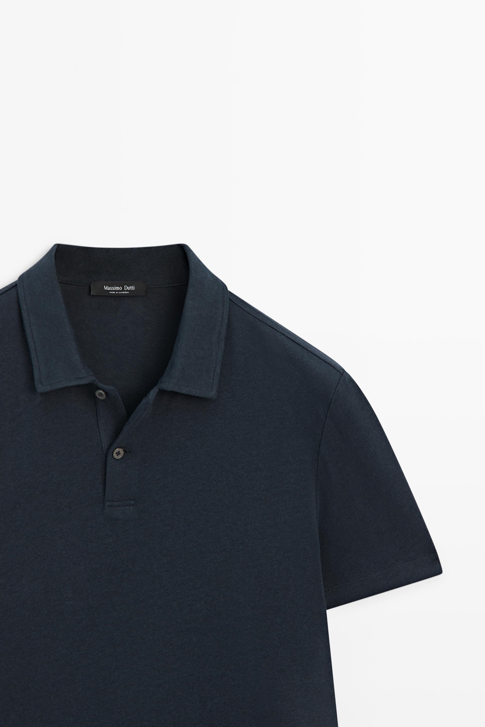 Linen and cotton short sleeve polo shirt — NAVY BLUE