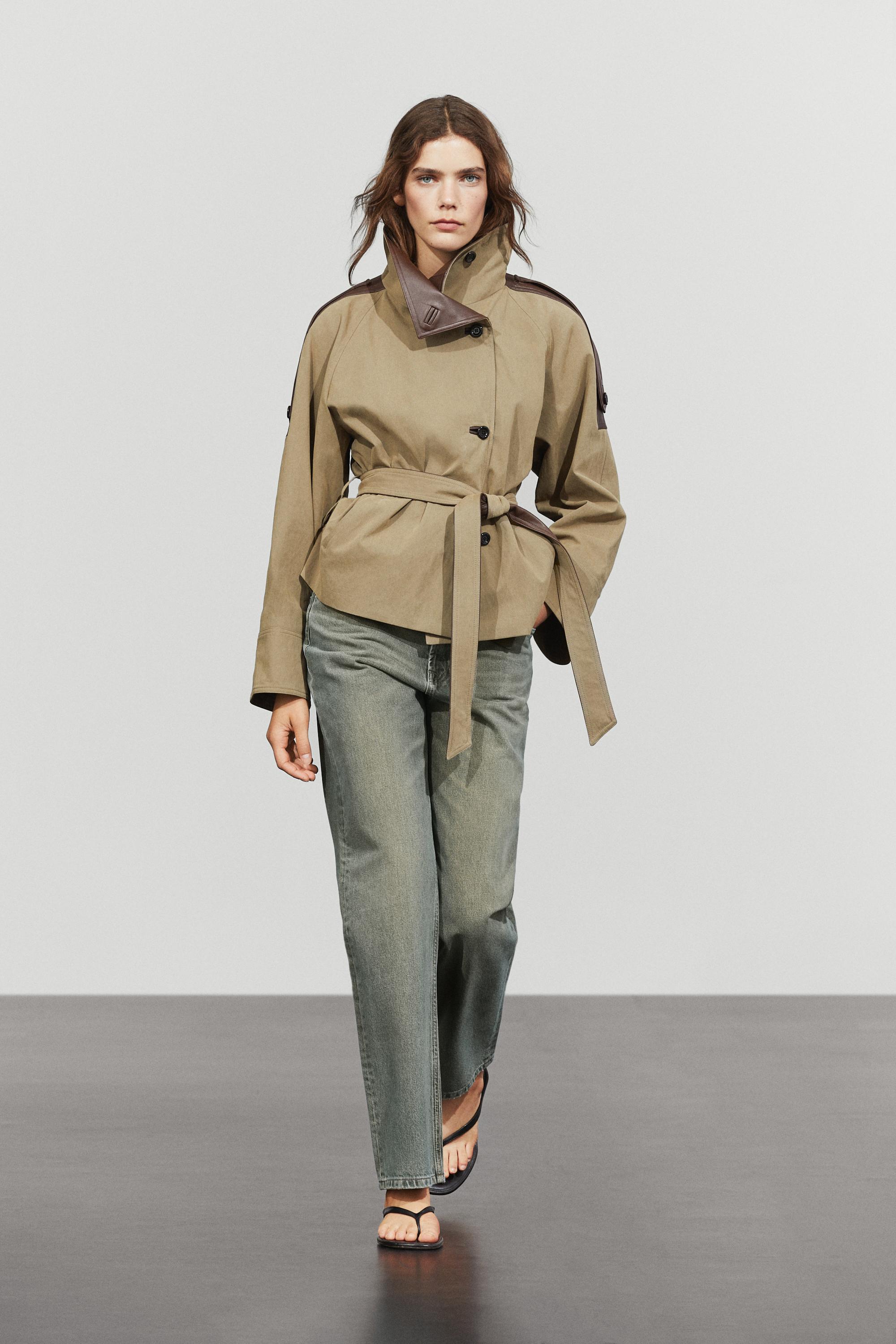 Cropped mixed leather jacket — Greyish green