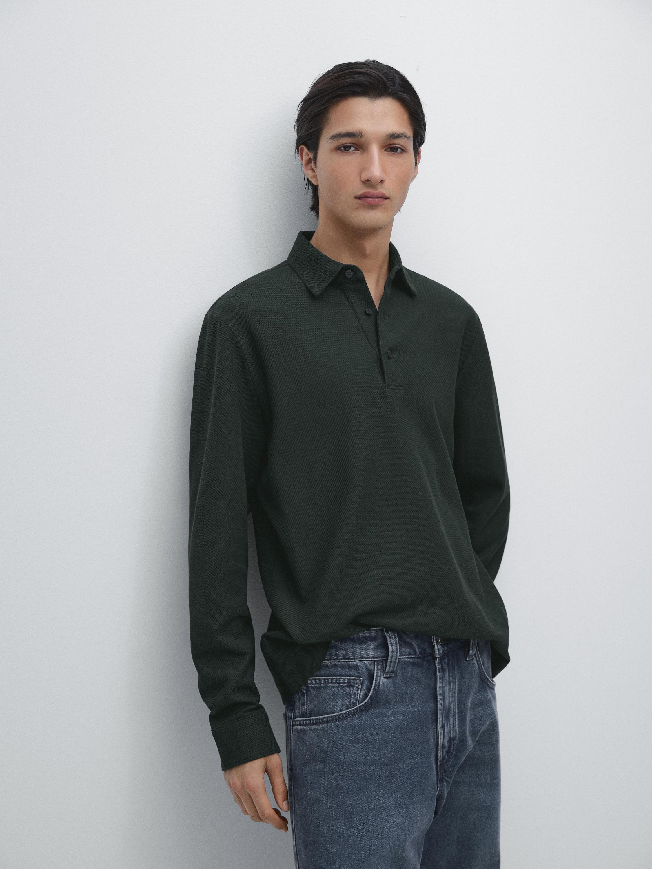 Textured piqué polo shirt with long sleeves