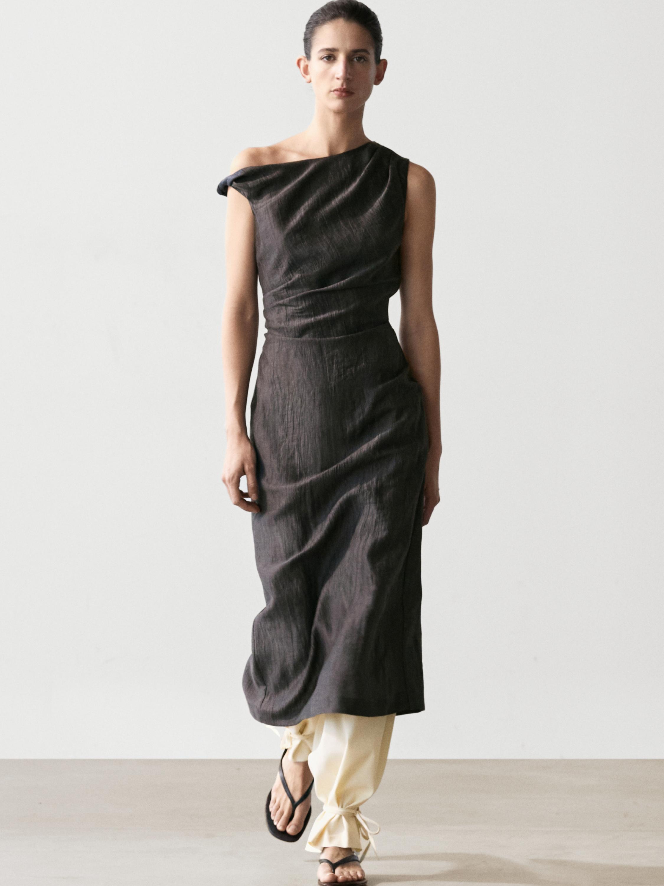 Midi dress with pleated shoulder detail — DARK GREY