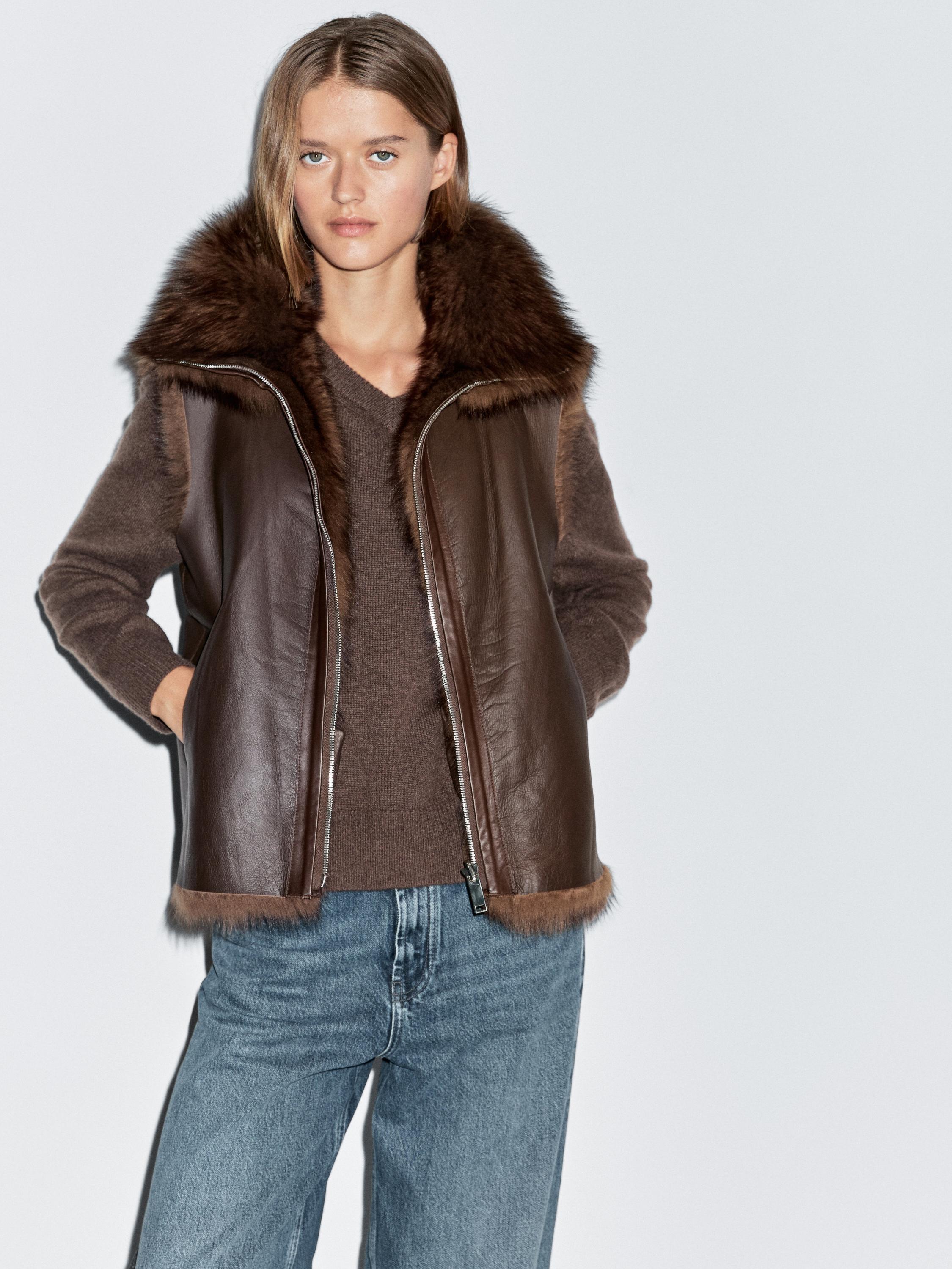 Leather high-neck waistcoat with fur — BROWN
