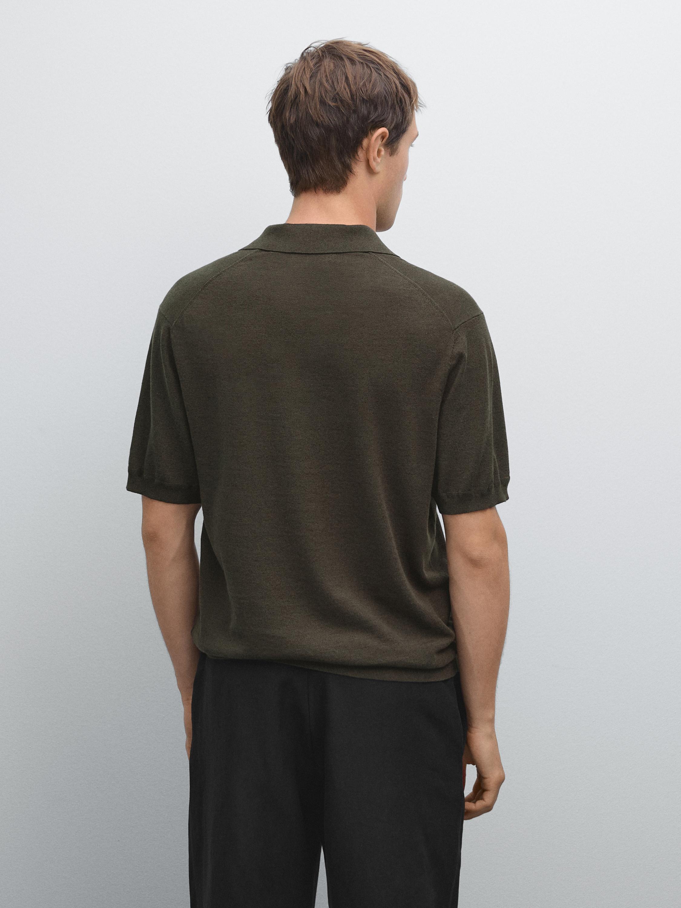 Linen blend knit V-neck polo shirt