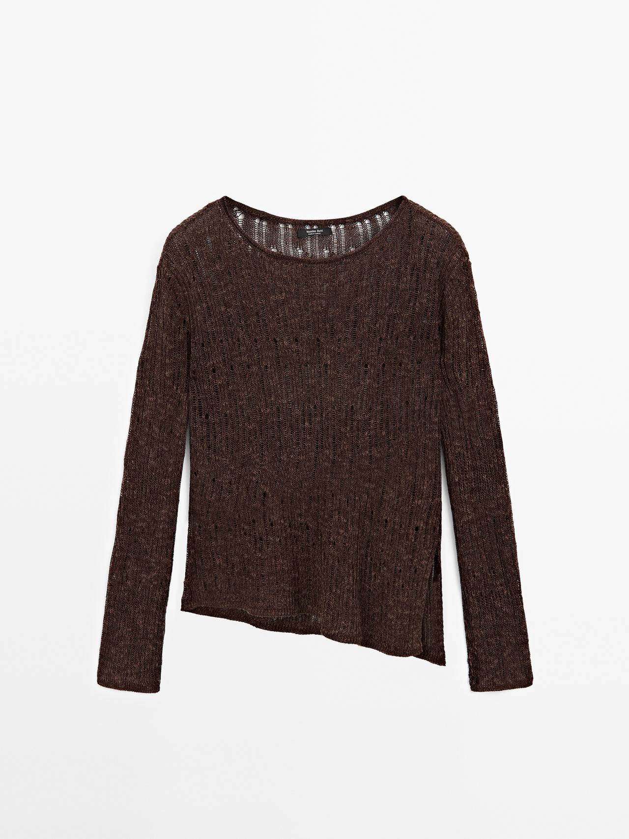 Massimo Dutti - Dame - Asymmetrisk Trøje Med Hulmønster - Brun - S