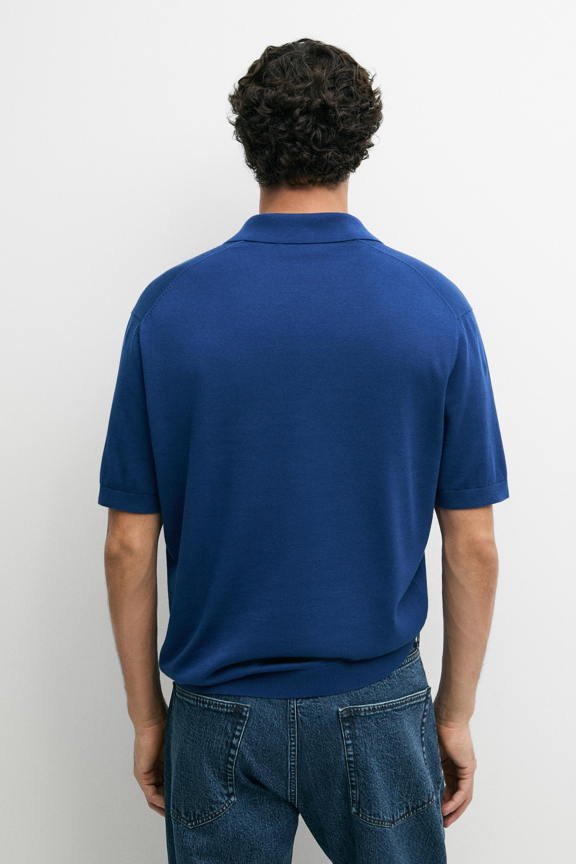 100% cotton V-neck knit polo — Electric blue