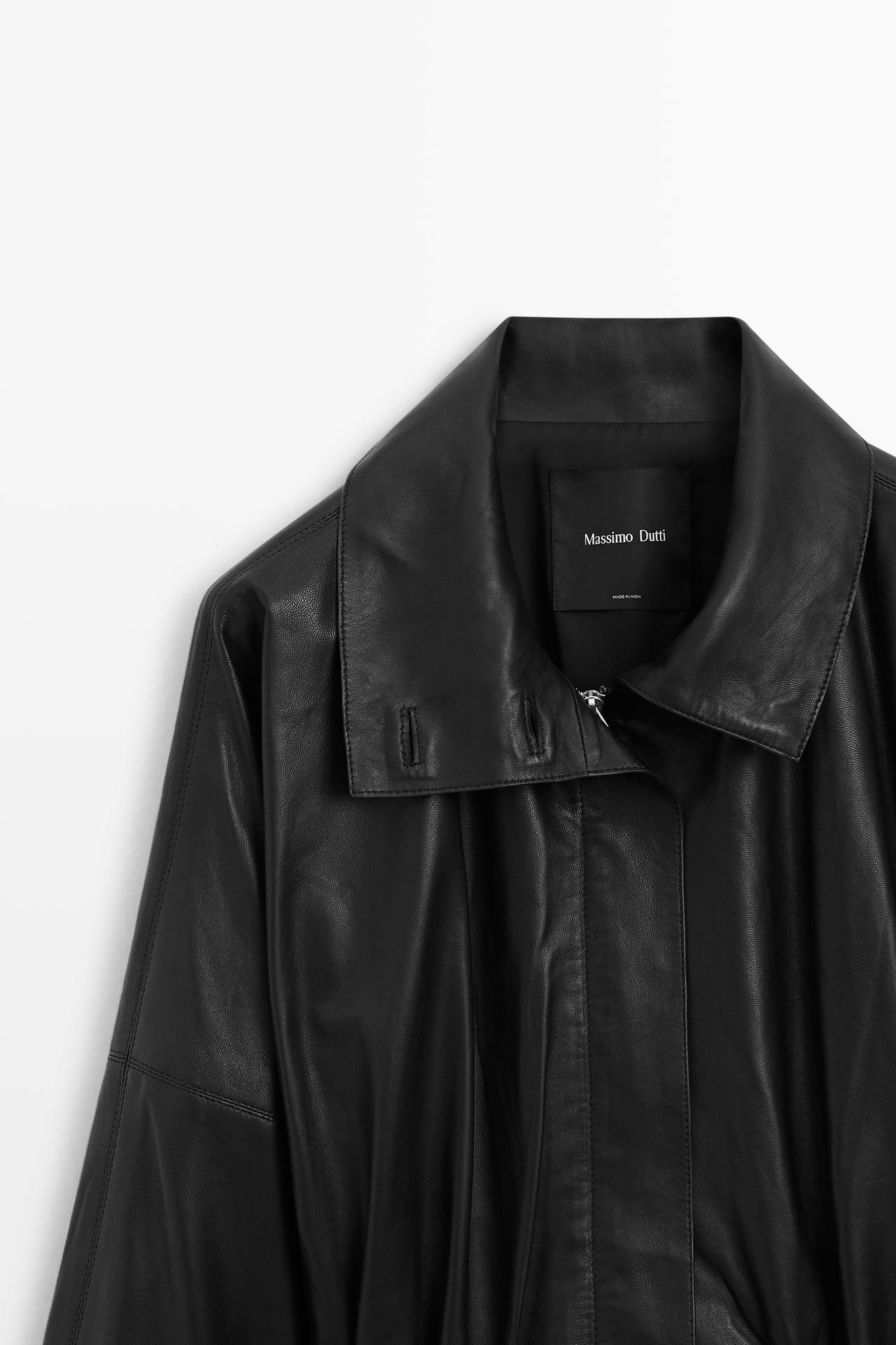 Nappa leather parka with gathered detail — BLACK