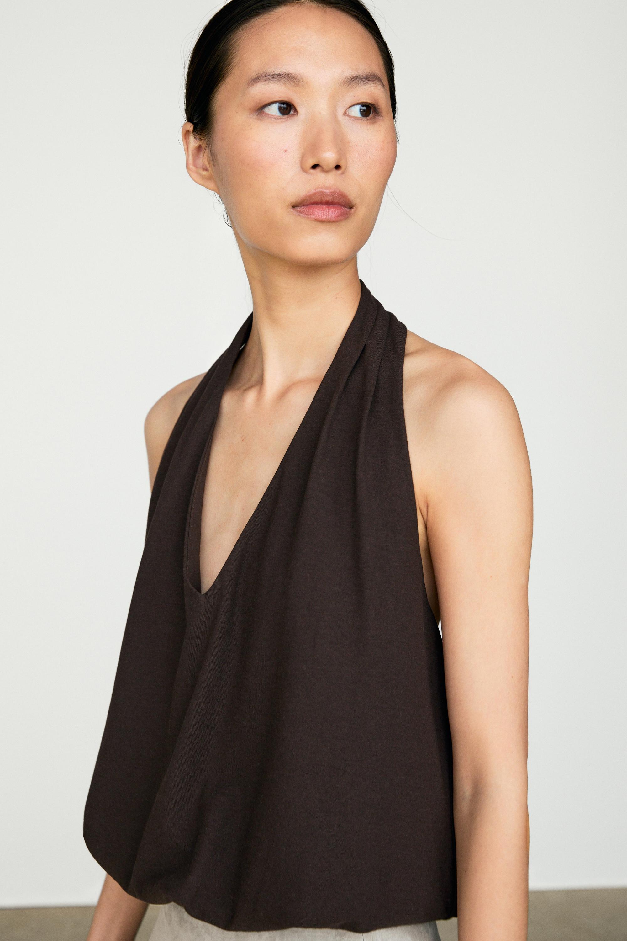 Cotton halter top with elasticated hem
