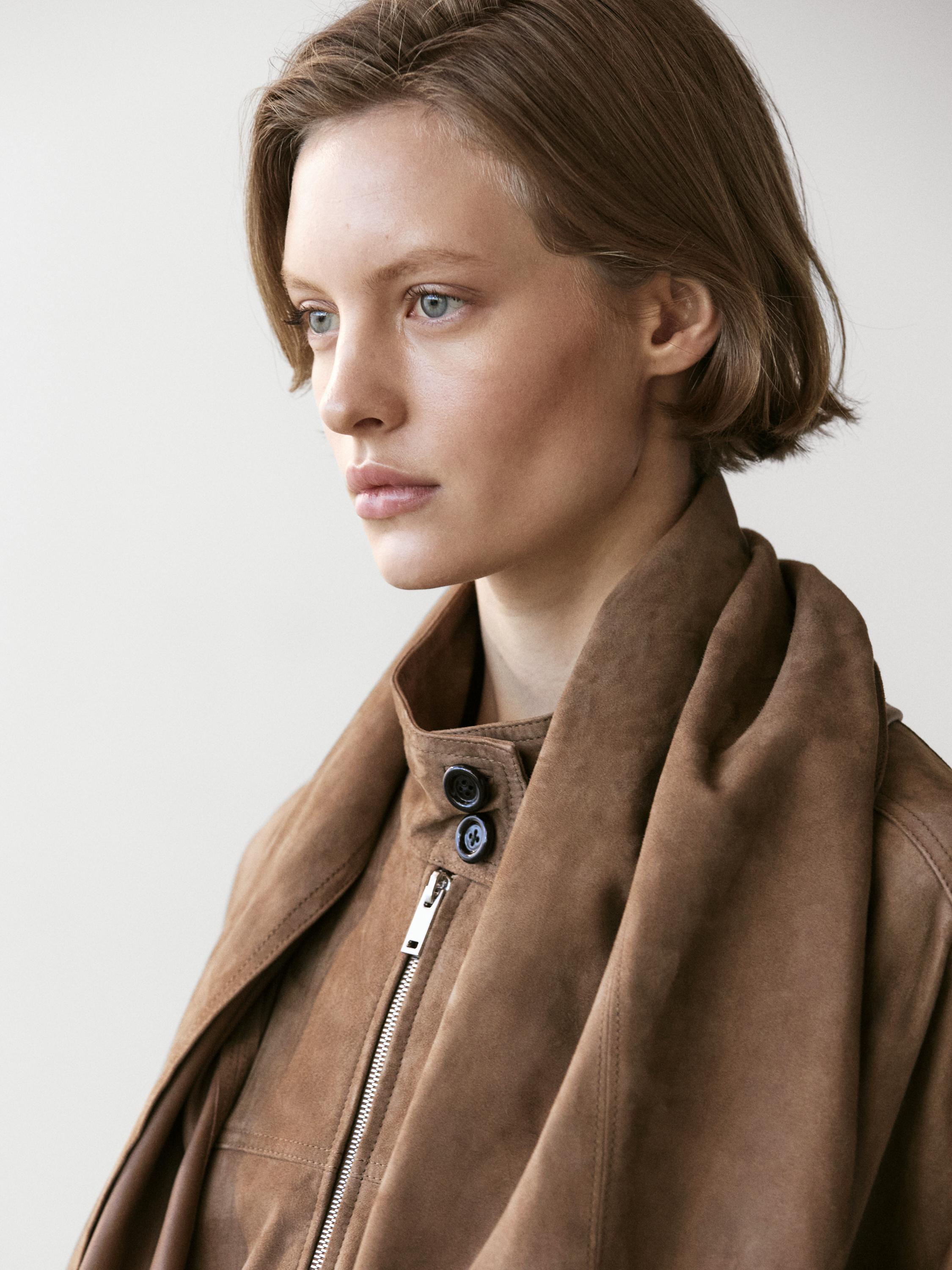 Suede leather bomber jacket with scarf detail — MOLE BROWN