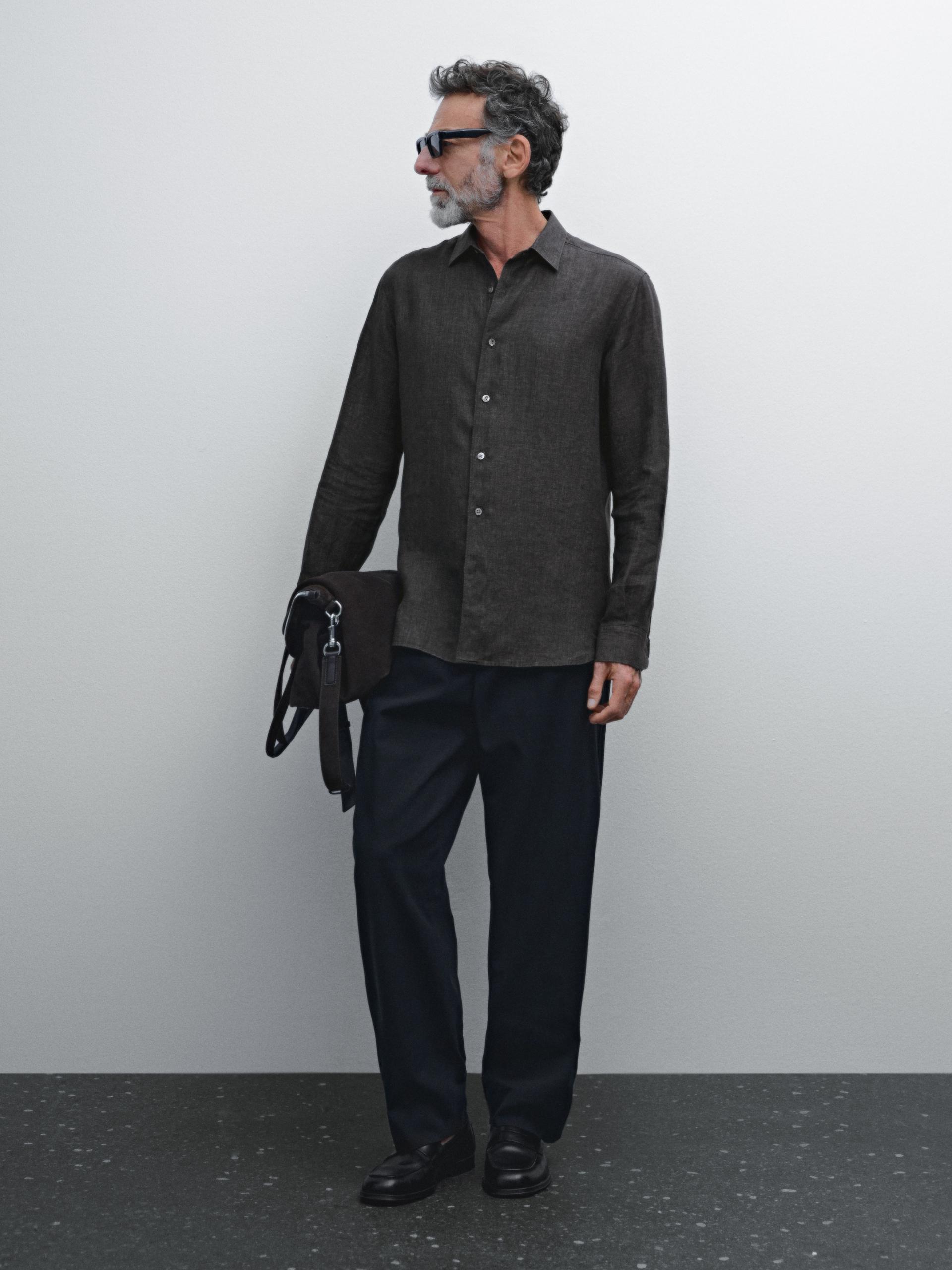 Chemise Délavée Slim 100 % Lin - Gris Foncé - Xl - Massimo Dutti - Homme