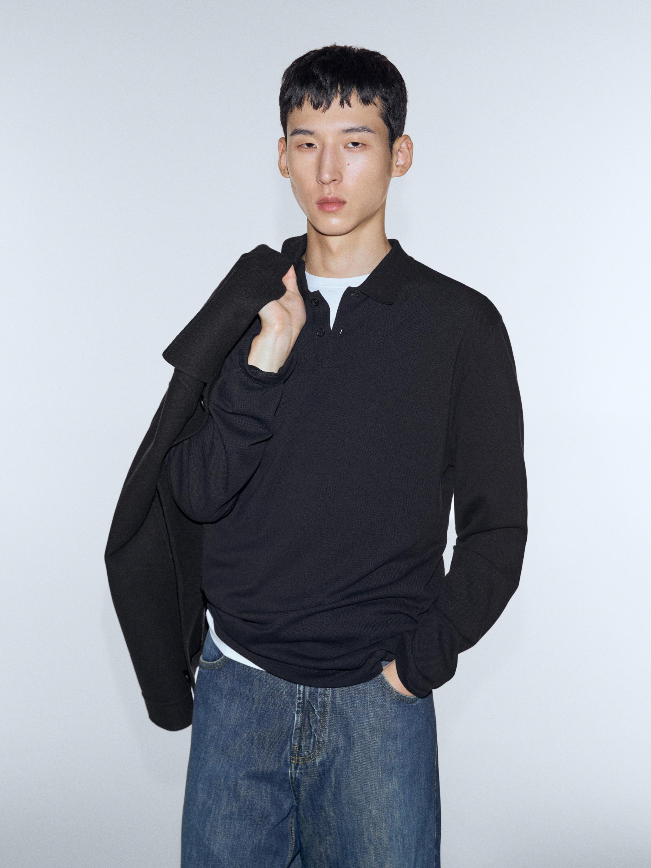 Long sleeve mercerised cotton piqué polo shirt