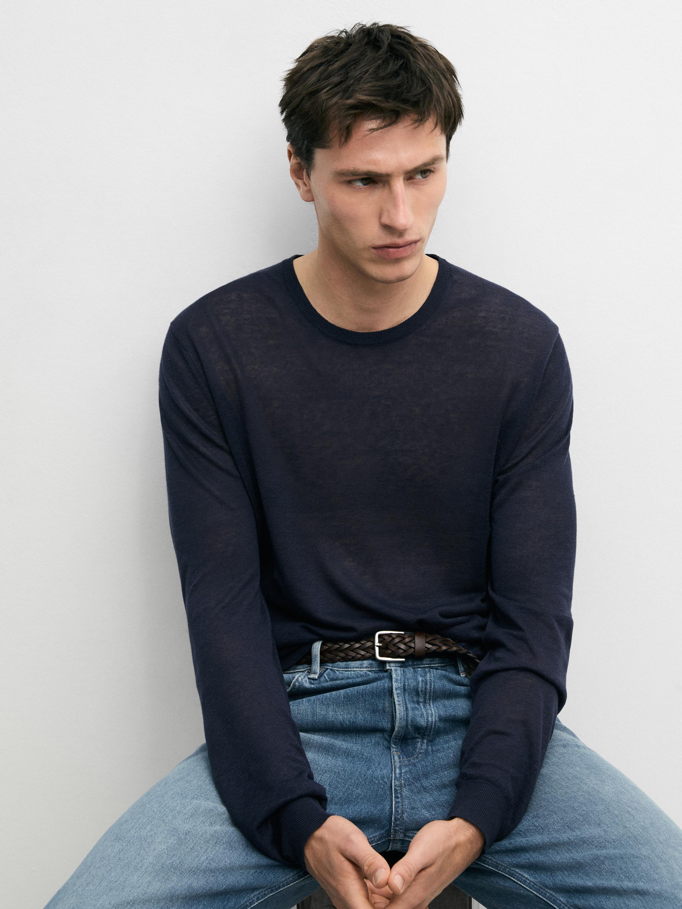 Linen and cashmere knit crew neck sweater — NAVY BLUE