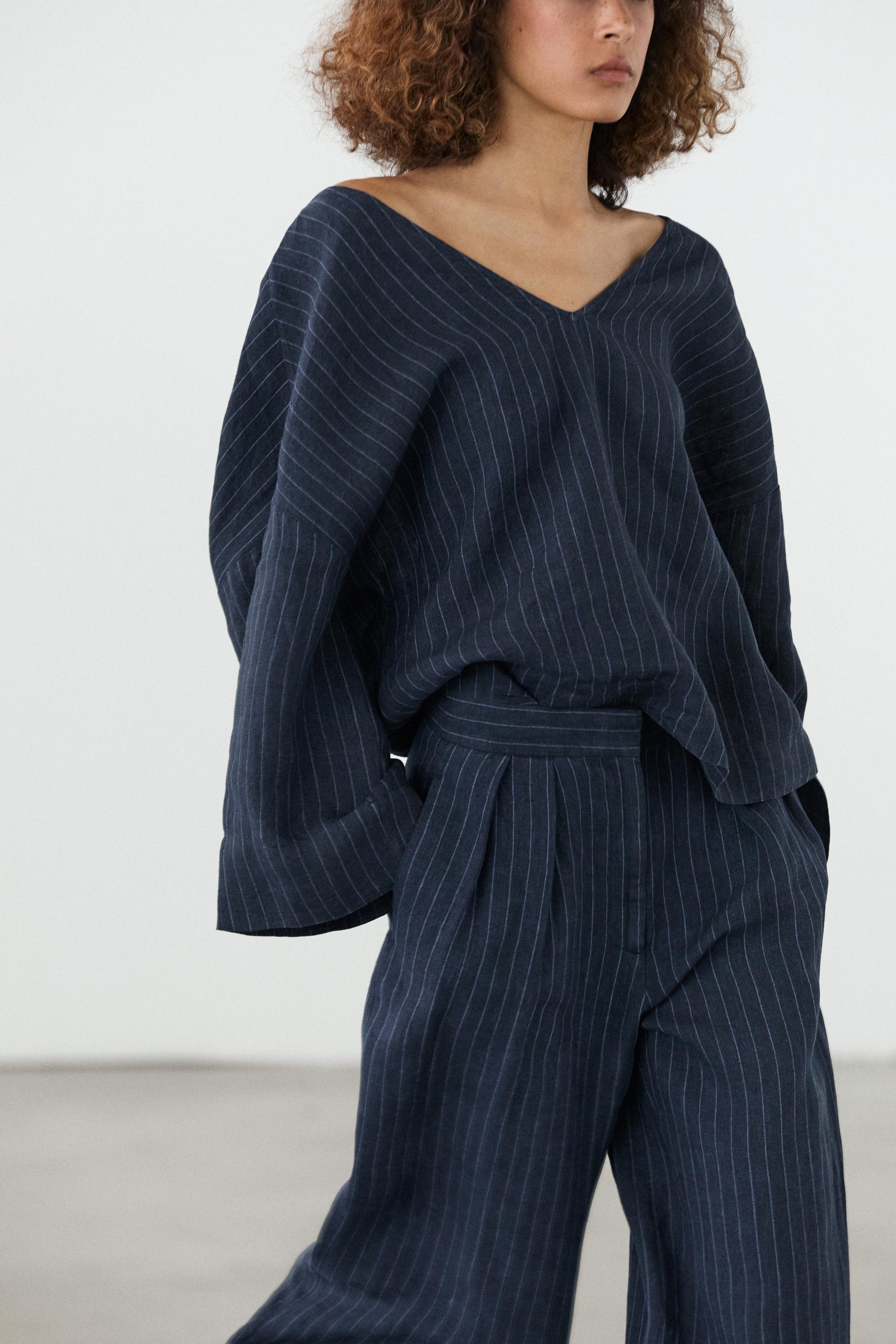 Striped linen blouse with back detail — DARK BLUE