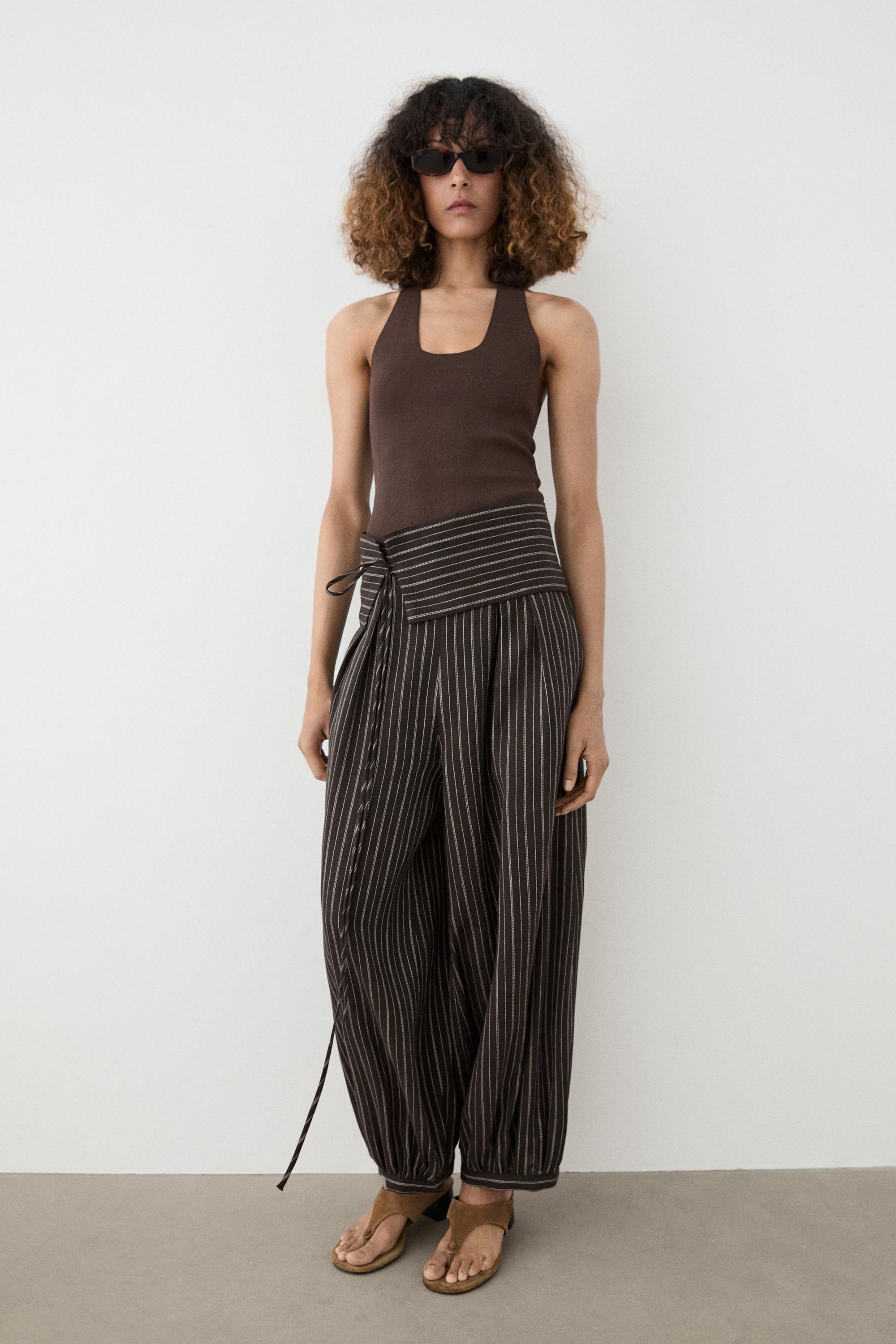 Striped sarouel trousers with cummerbund detail — BROWN