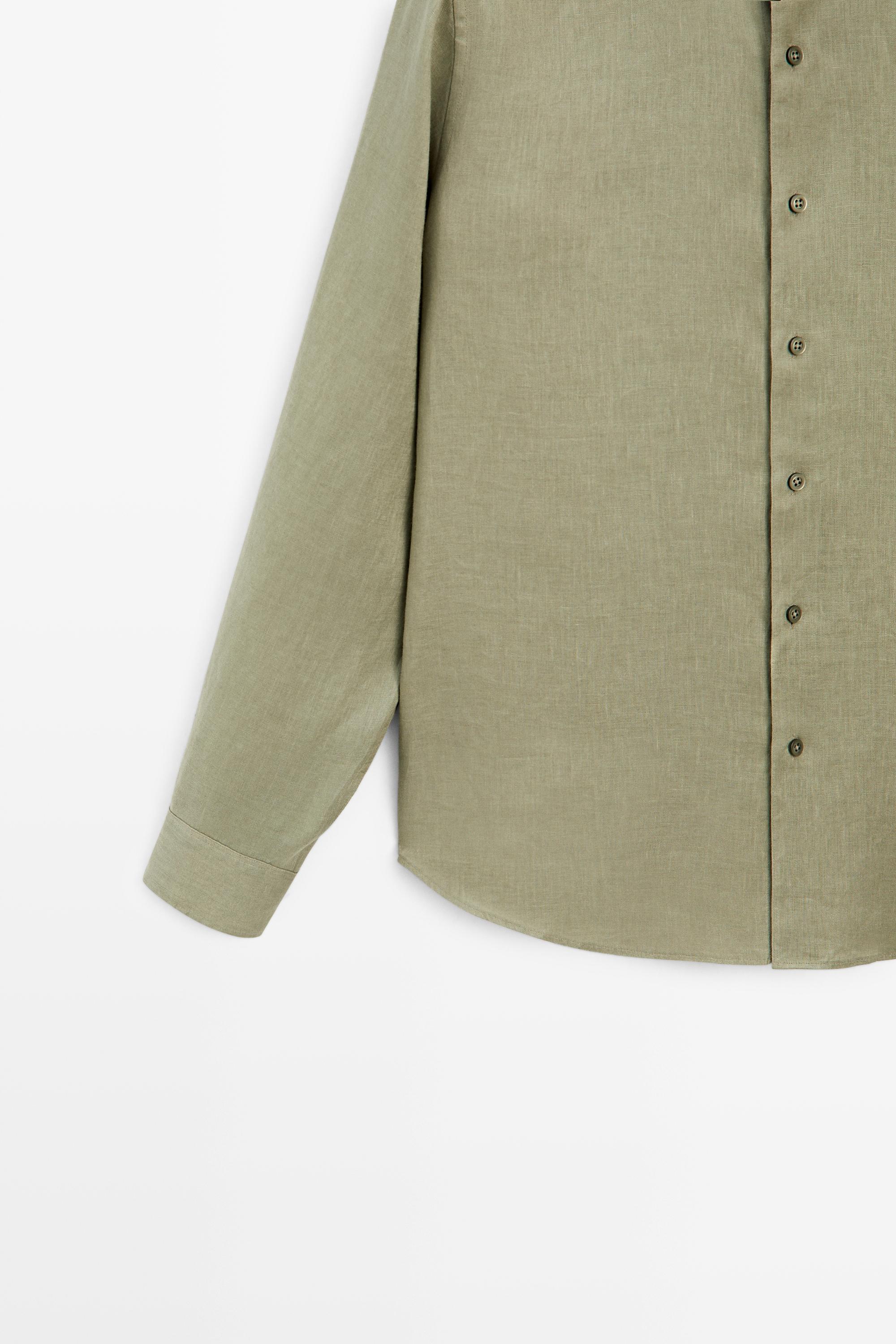 100% linen regular fit stand collar shirt — PALE GREEN