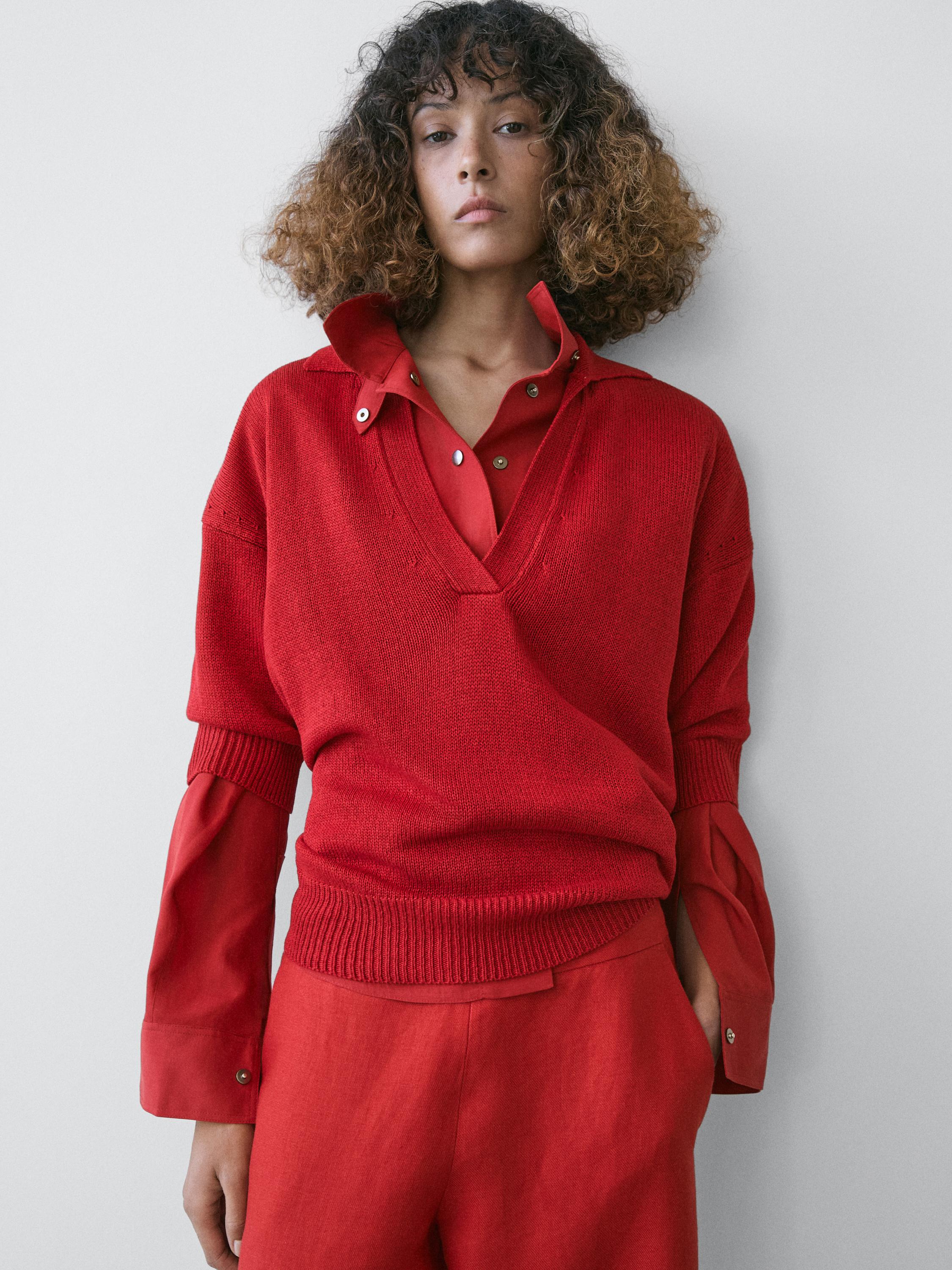 Flowing knit polo sweater — RED