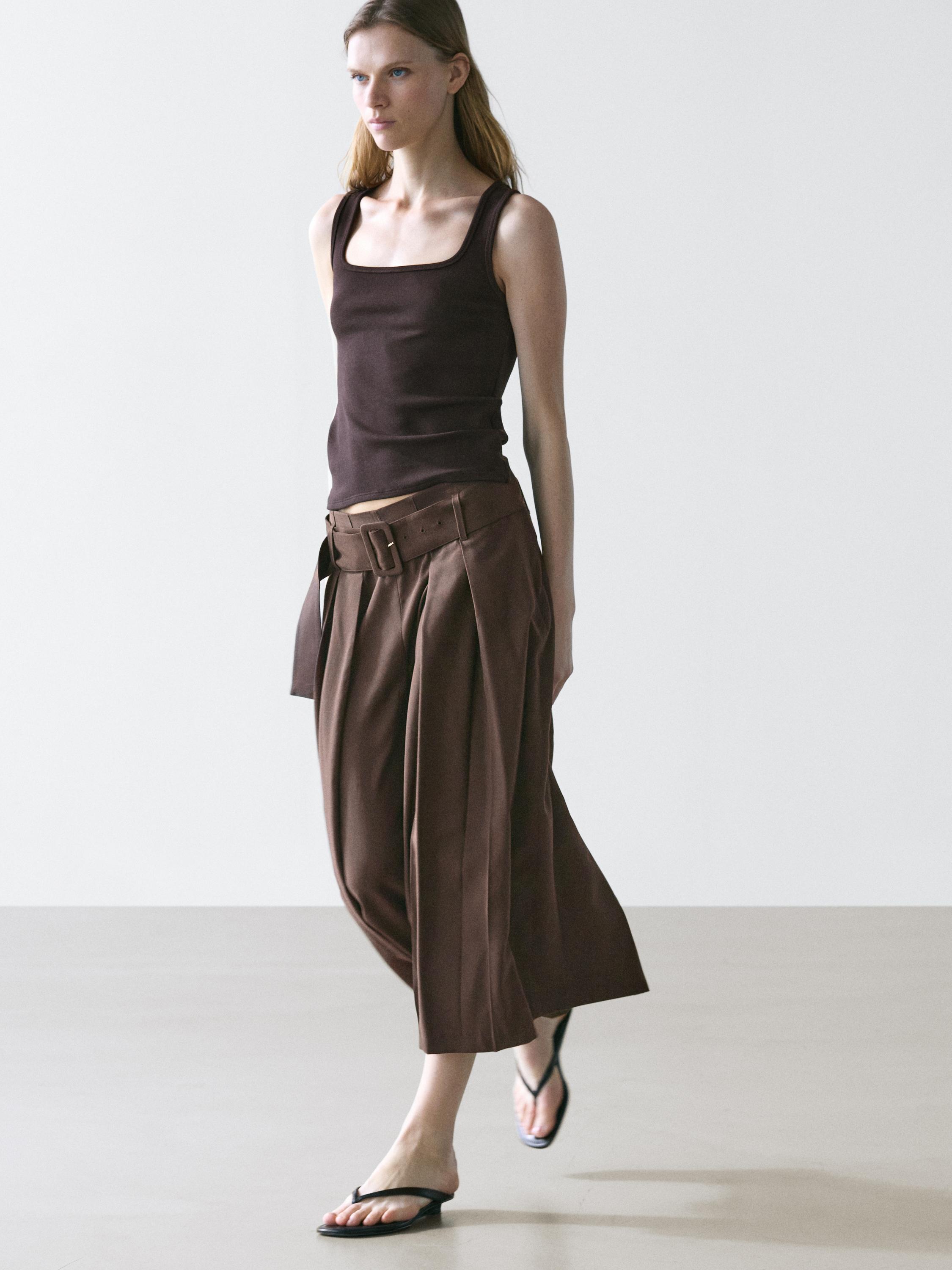 Pleated midi skort — BROWN