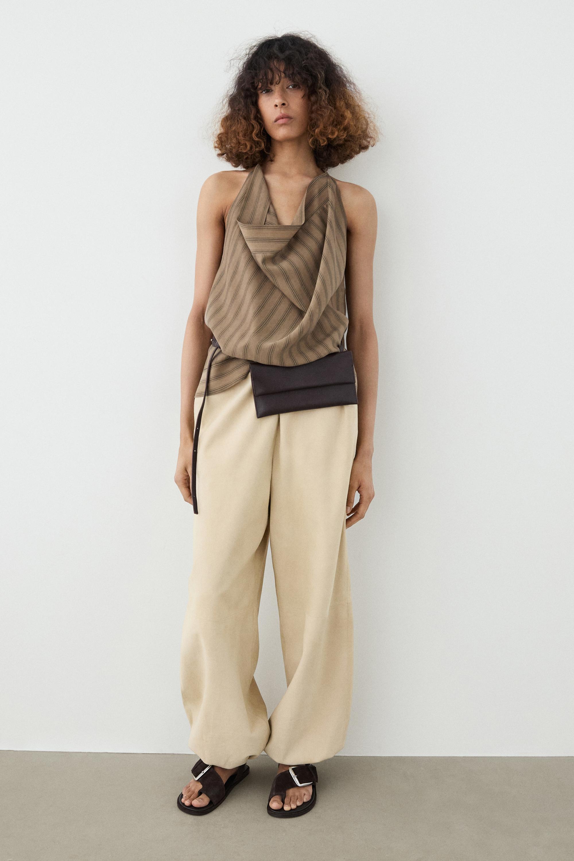 Striped top with cowl neckline — TAUPE GREY