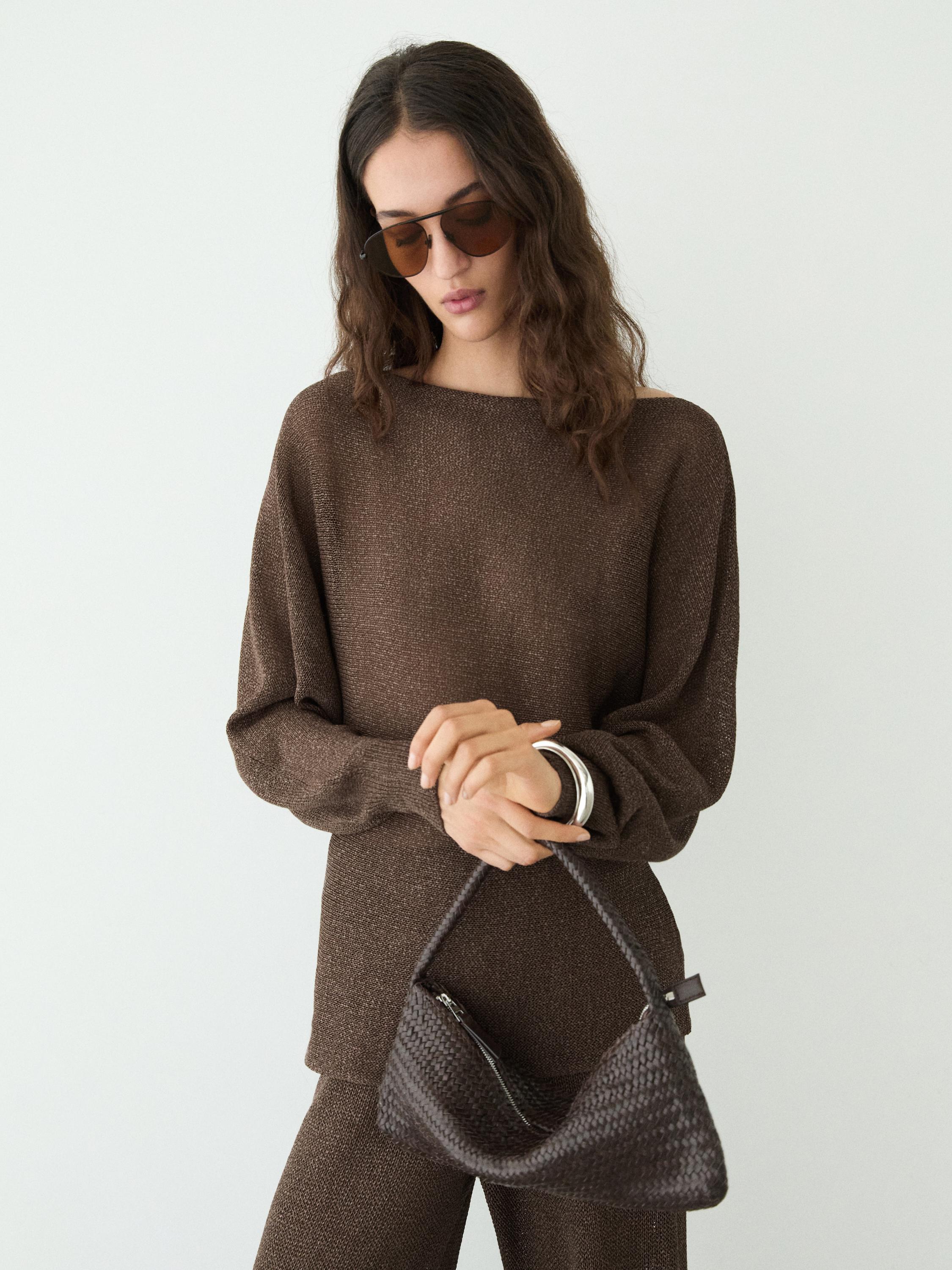 Flowing cotton blend knit sweater — BROWN