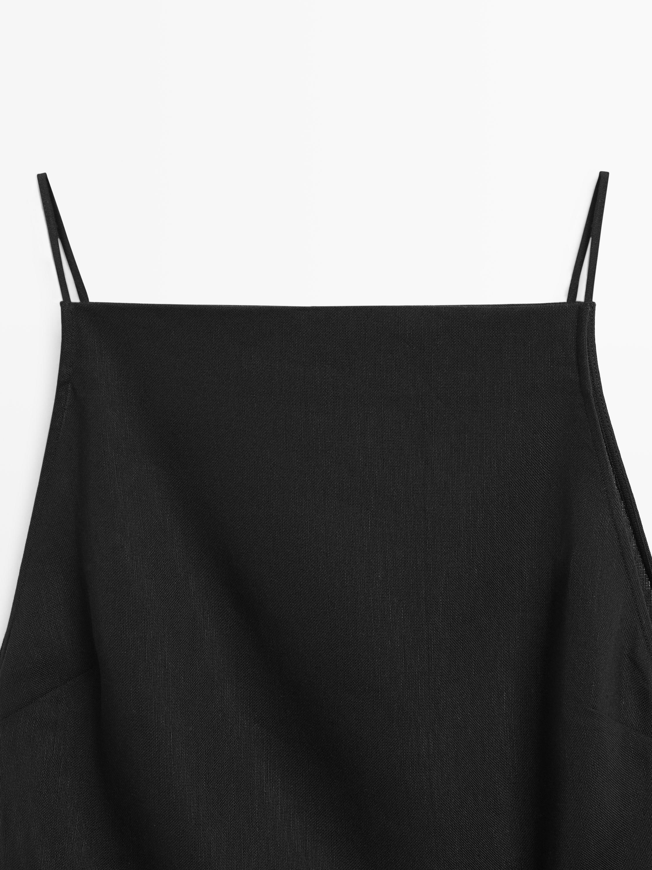 Linen blend spaghetti strap midi dress — BLACK