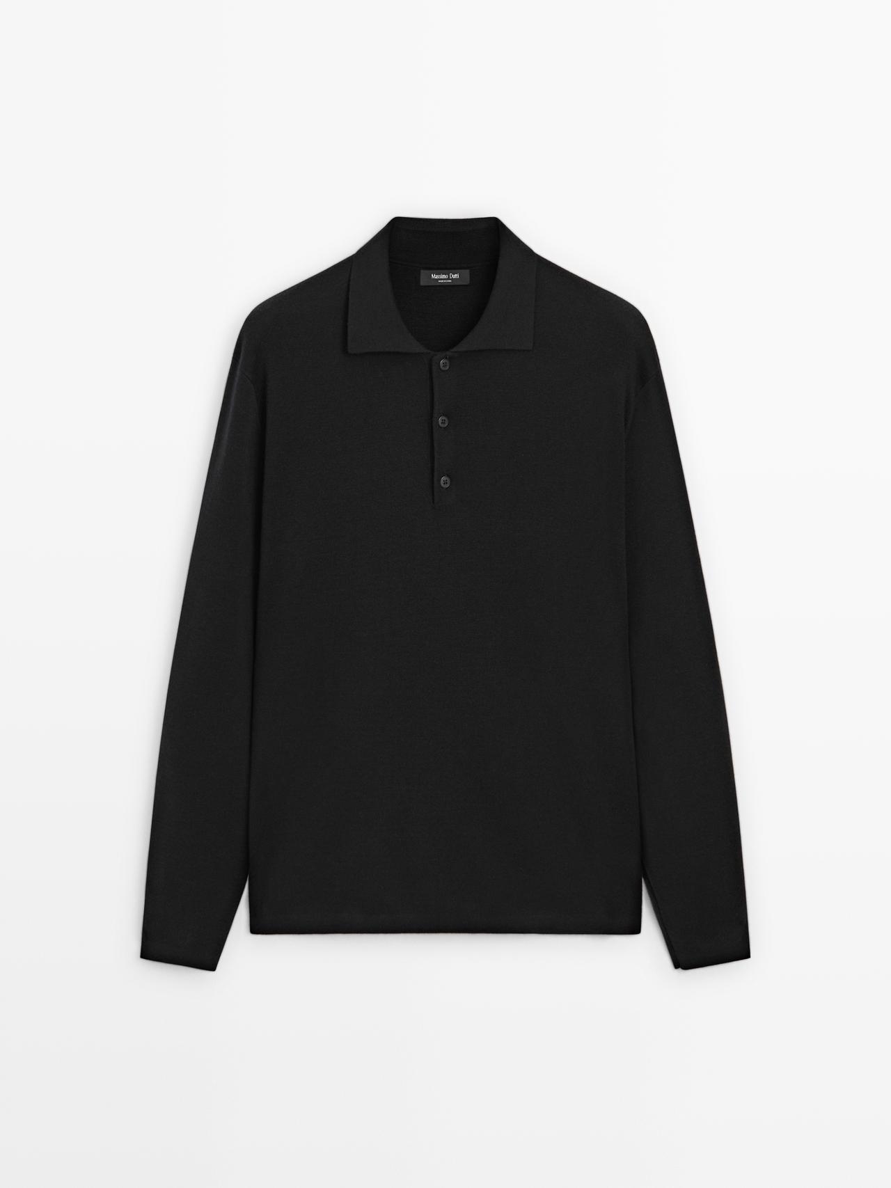 Massimo Dutti - Herre - Polotrøje I Strik Af Uld Og Bomuld - Sort - L