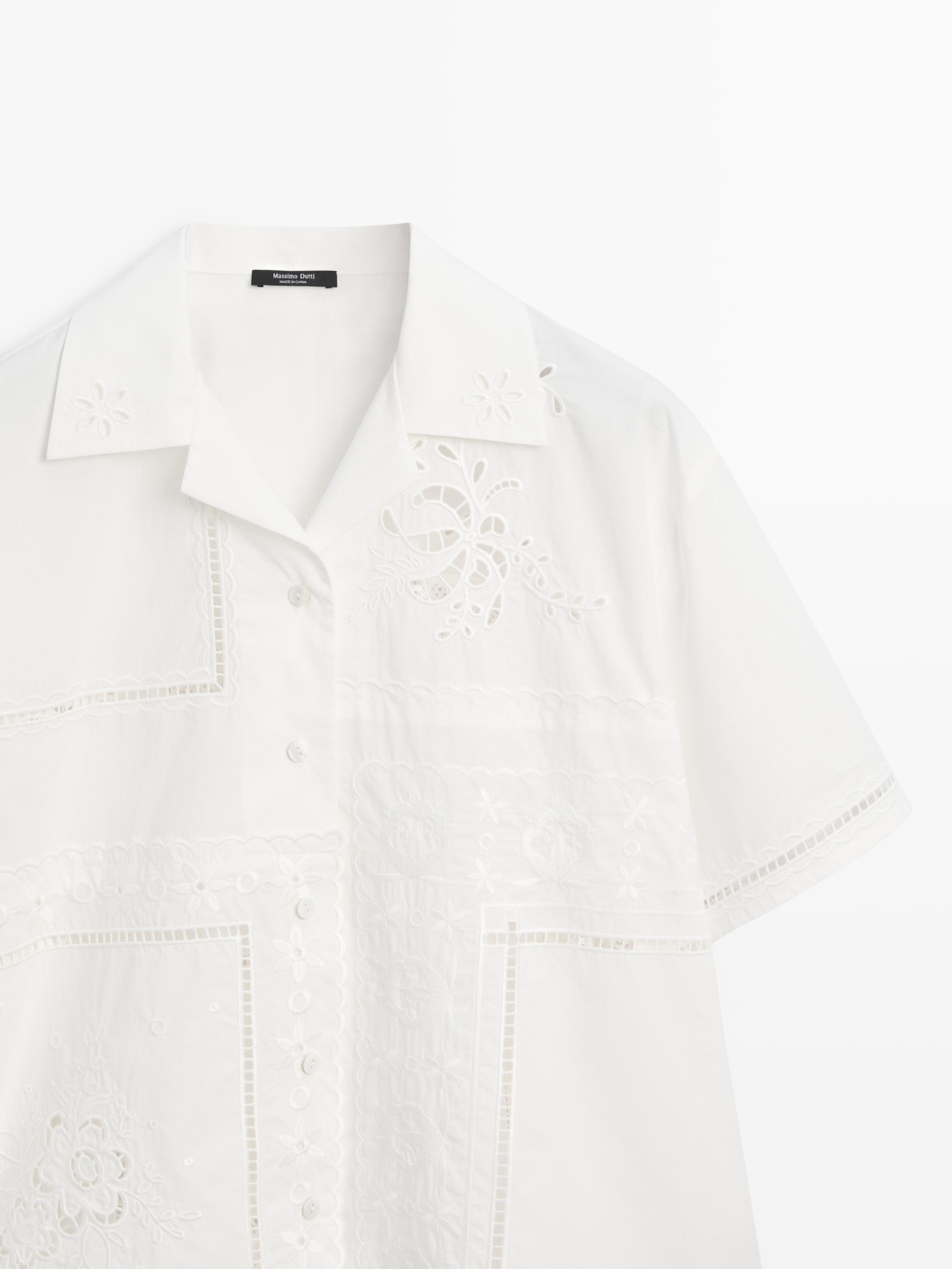 Embroidered short sleeve patchwork shirt · White · Shirts