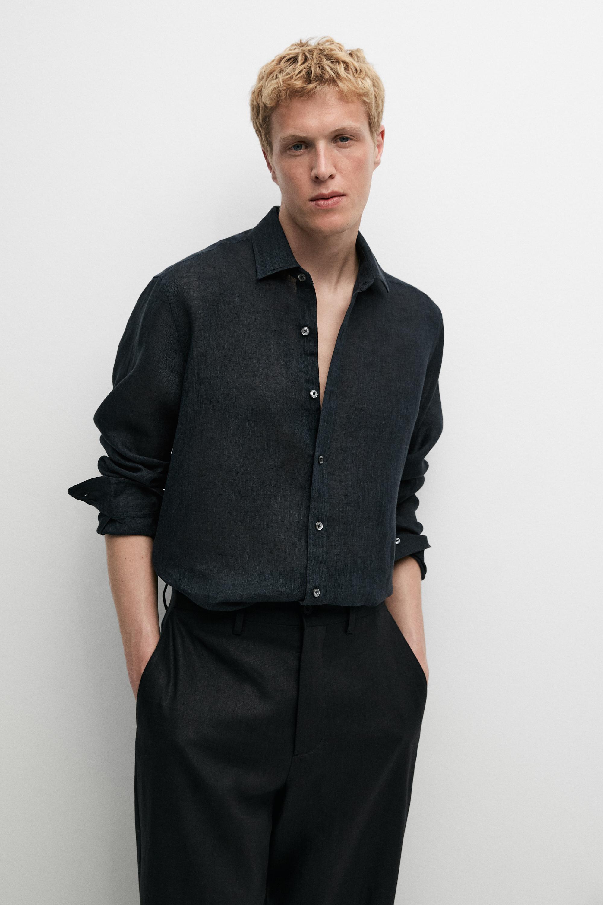 Regular fit 100% linen shirt — NAVY BLUE