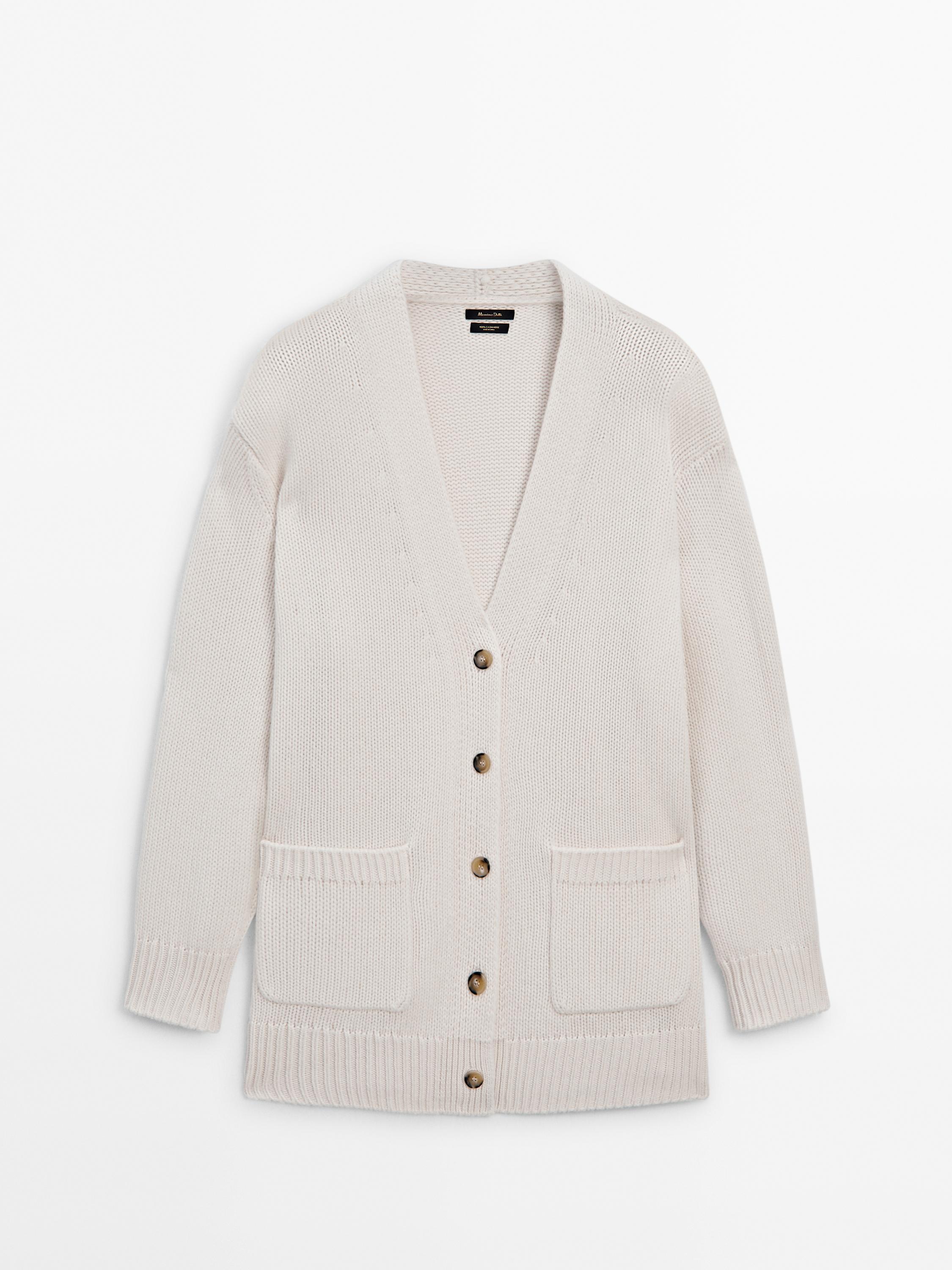 Long plain knit 100% cashmere cardigan