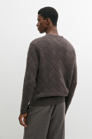 Wool blend knit sweater with diamond texture — BROWN 5