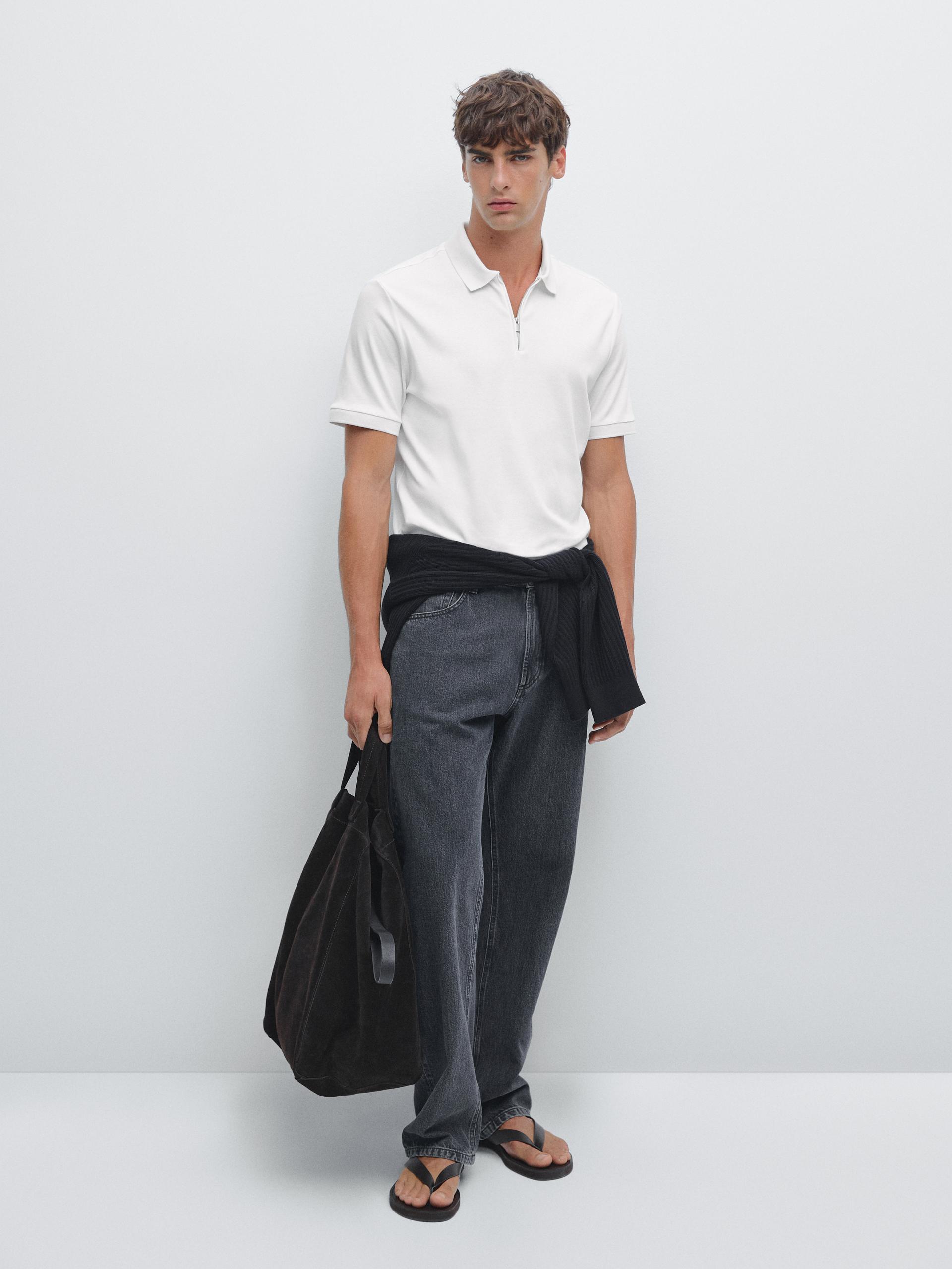 Polo A Maniche Corte Con Collo Con Cerniera - Bianco - M - Massimo Dutti - Maschile
