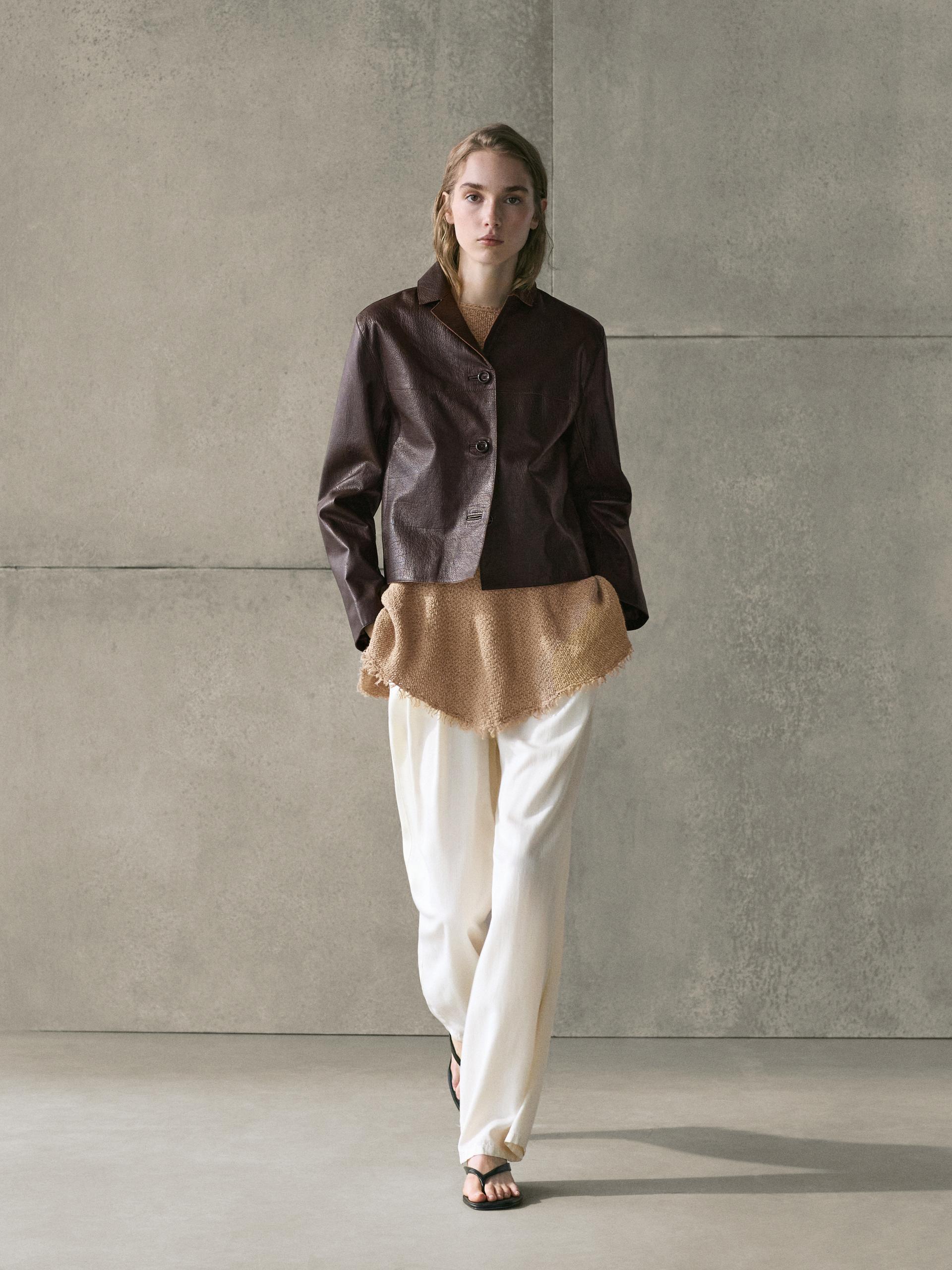 Chaqueta Corta Piel Napa - Marrón - M - Massimo Dutti - Mujer