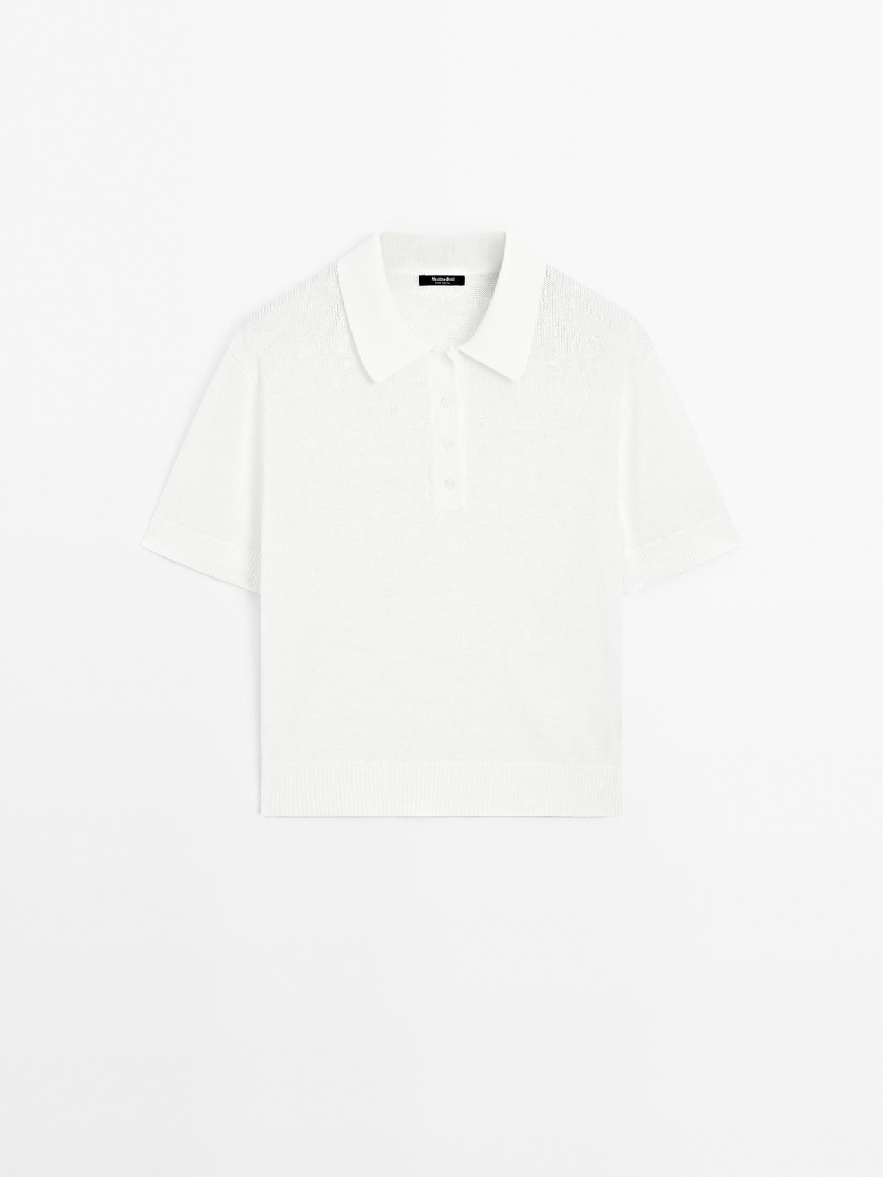 Massimo Dutti - Dame - Polosweater I Hørblanding Med Hulmønster - Hvid - S