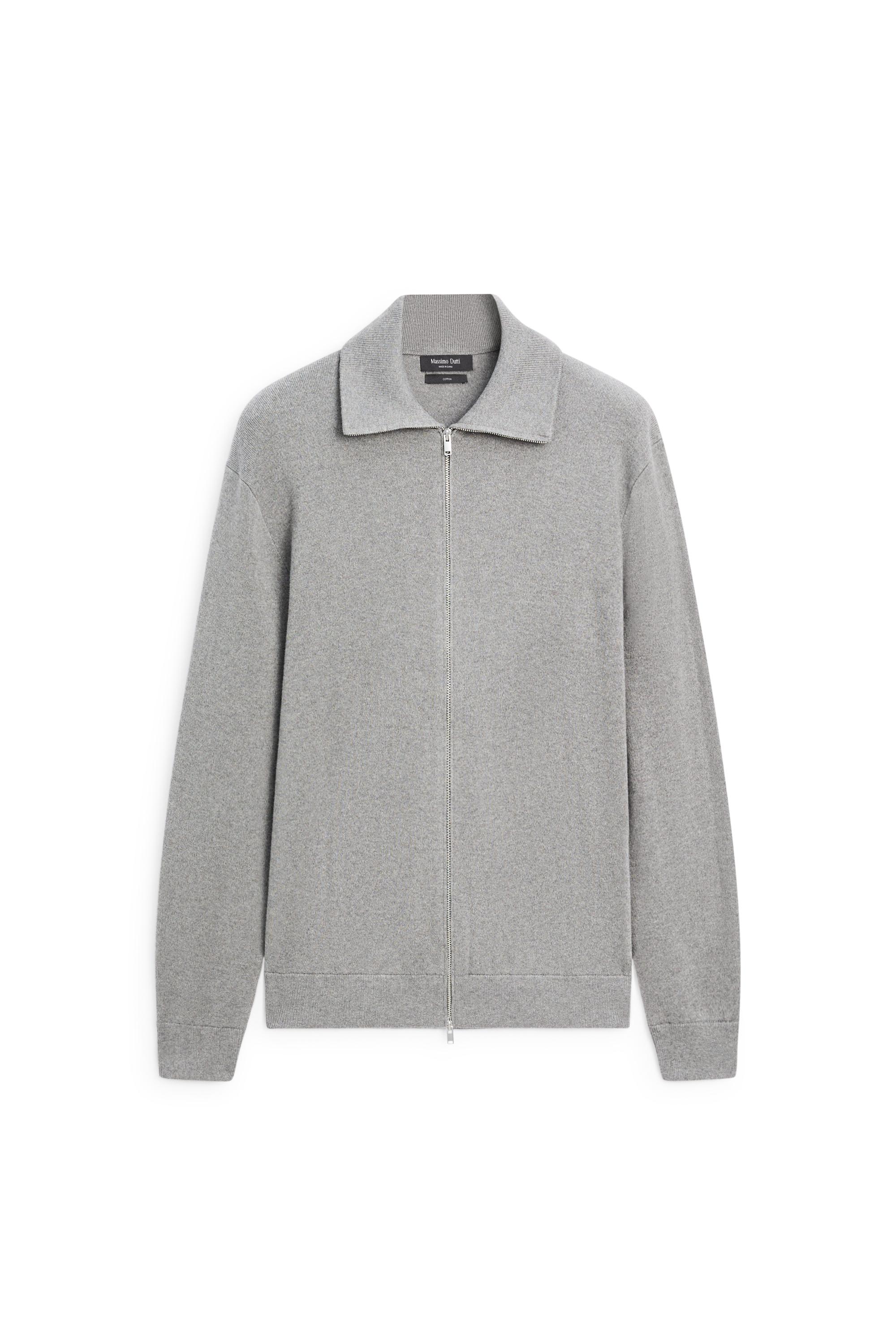 100% cotton zip-up knit cardigan · Medium Grey, Navy Blue