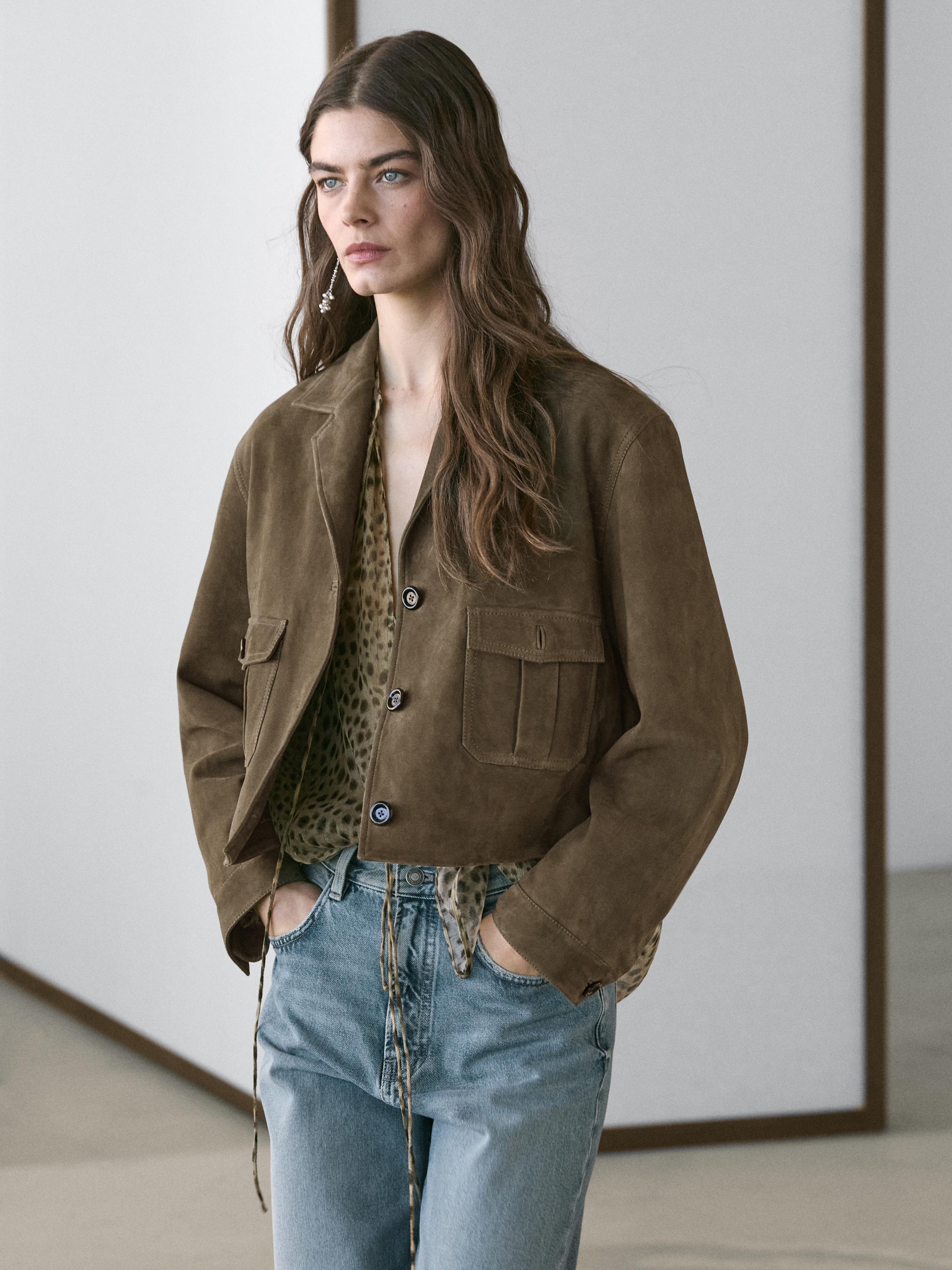 Short suede leather jacket — KHAKI