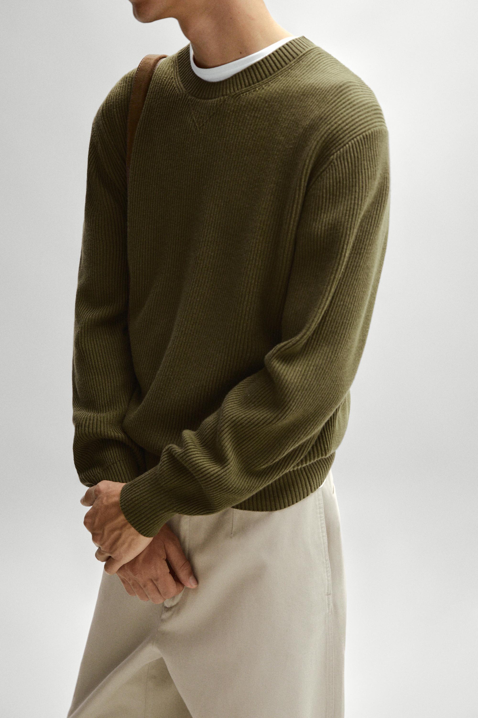 Cotton blend ribbed knit sweater — KHAKI