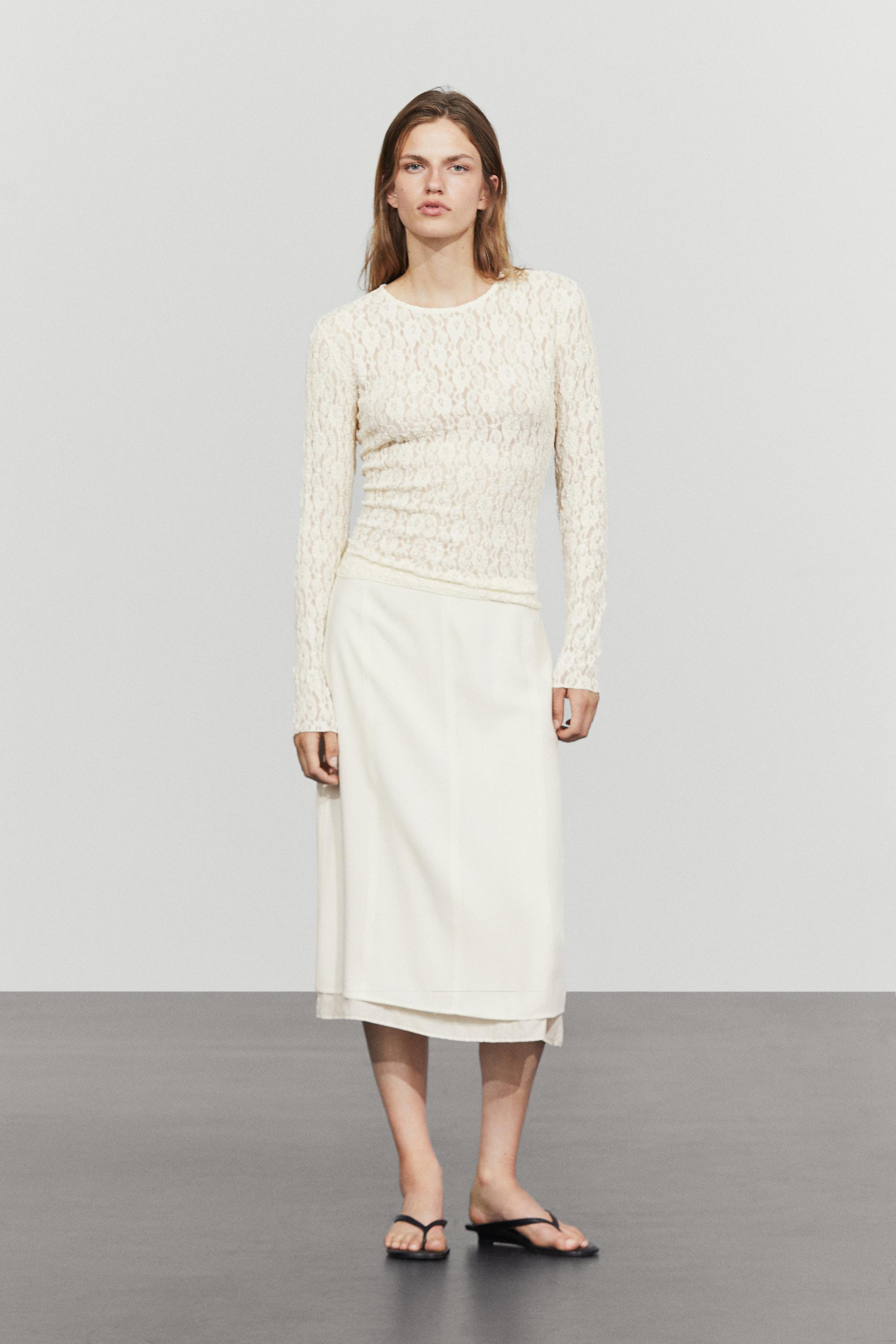 Long sleeve lace detail T-shirt — CREAM