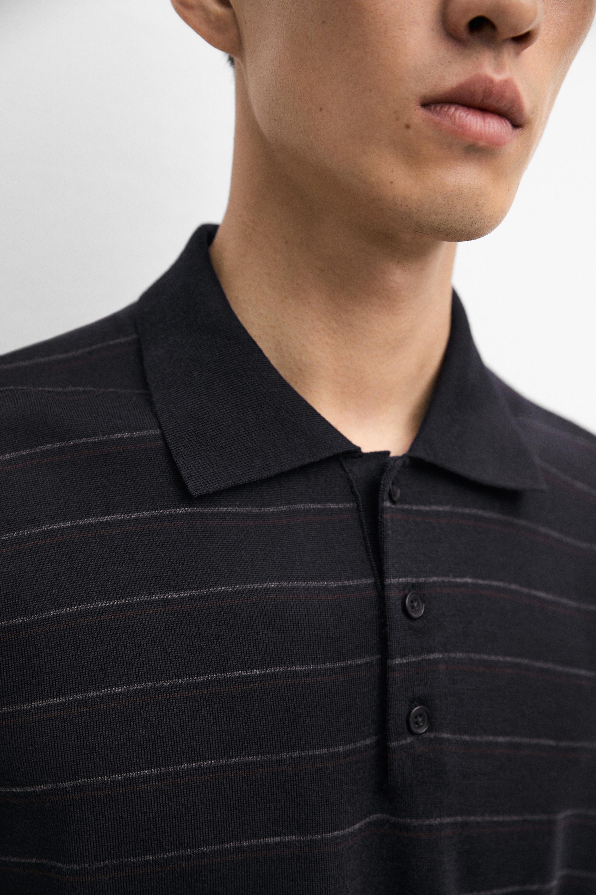 Striped short sleeve knit polo sweater — NAVY BLUE
